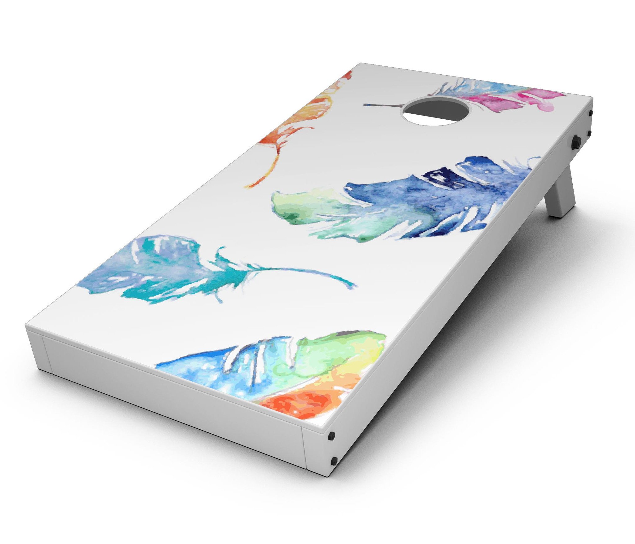 Watercolour Feather Floats Cornhole Board Skin Decal Kit showcasing vibrant feather designs on premium vinyl.