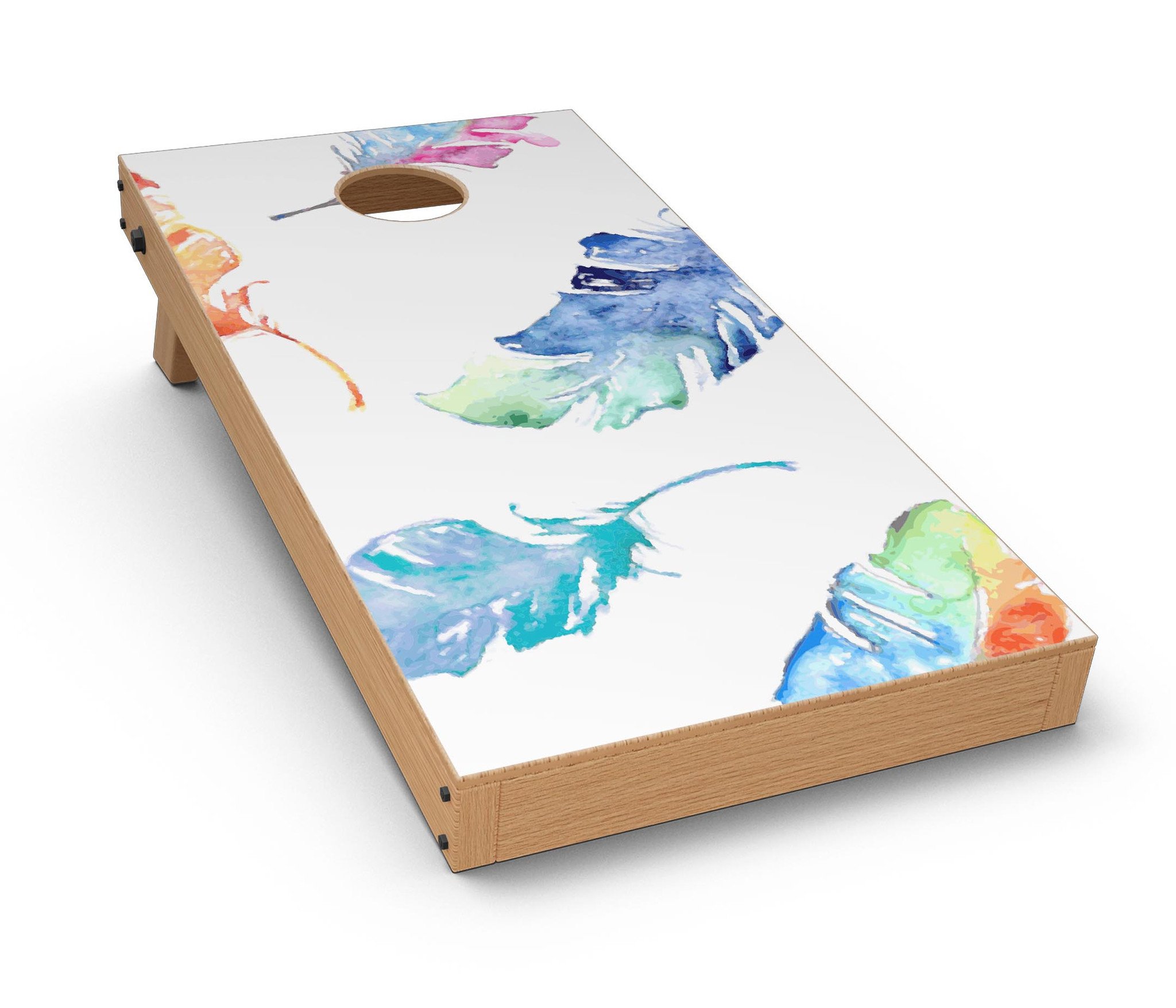 Watercolour Feather Floats Cornhole Board Skin Decal Kit showcasing vibrant feather designs on premium vinyl.