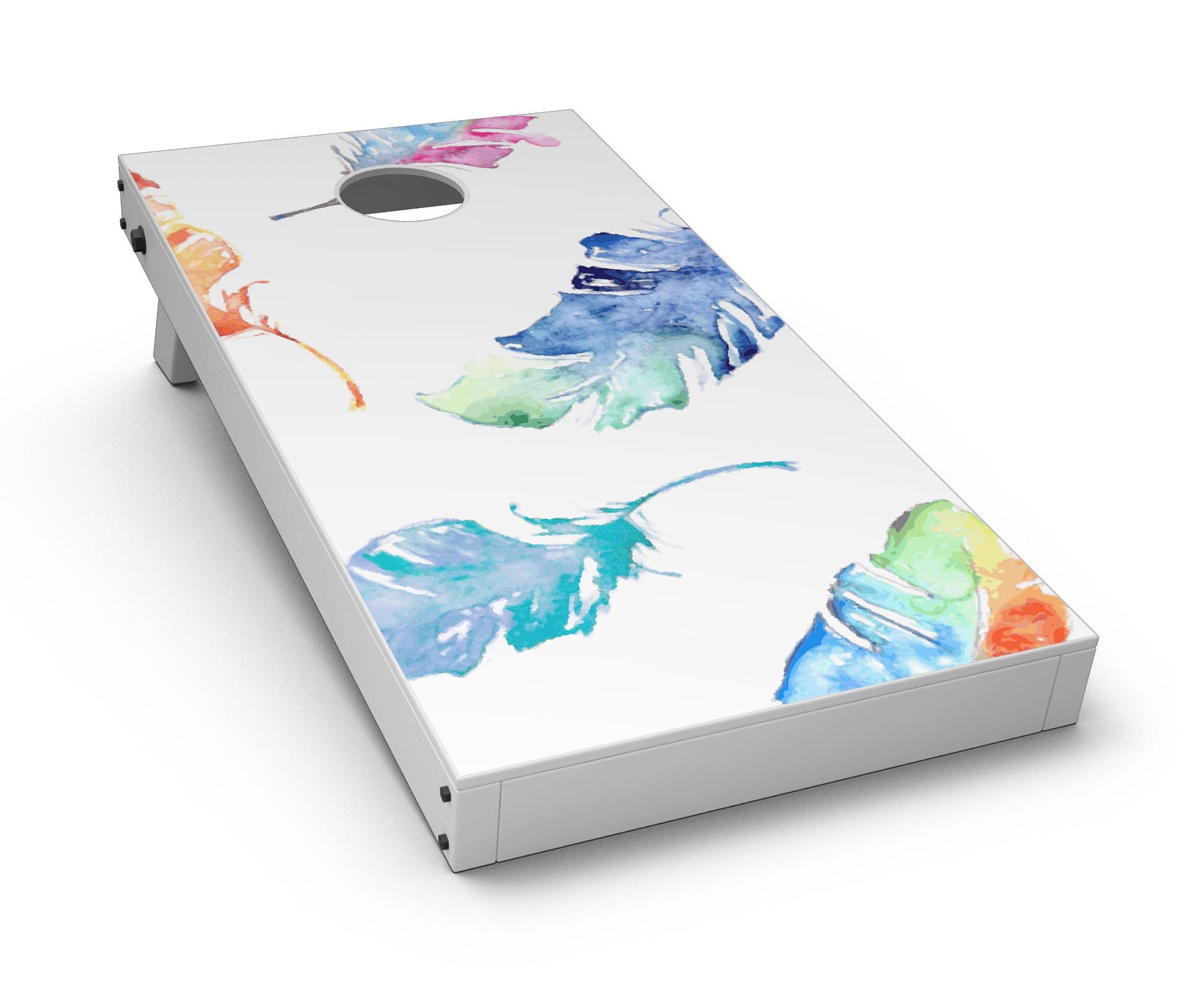 Watercolour Feather Floats Cornhole Board Skin Decal Kit showcasing vibrant feather designs on premium vinyl.