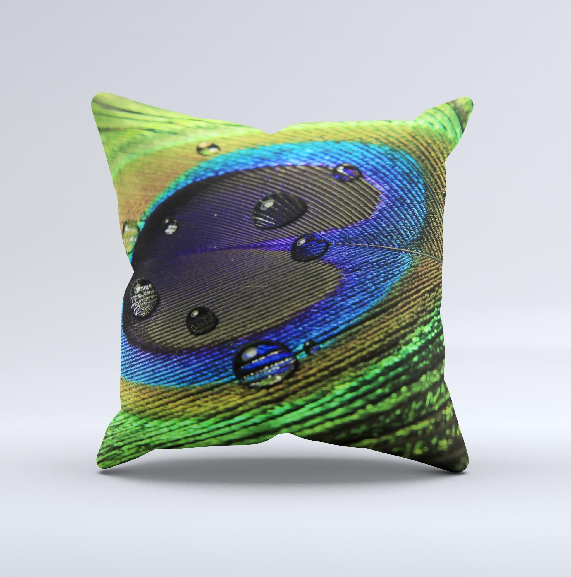 A vibrant Watered Neon Peacock Feather Ink-Fuzed Decorative Throw Pillow showcasing a colorful peacock feather design on a soft fabric.