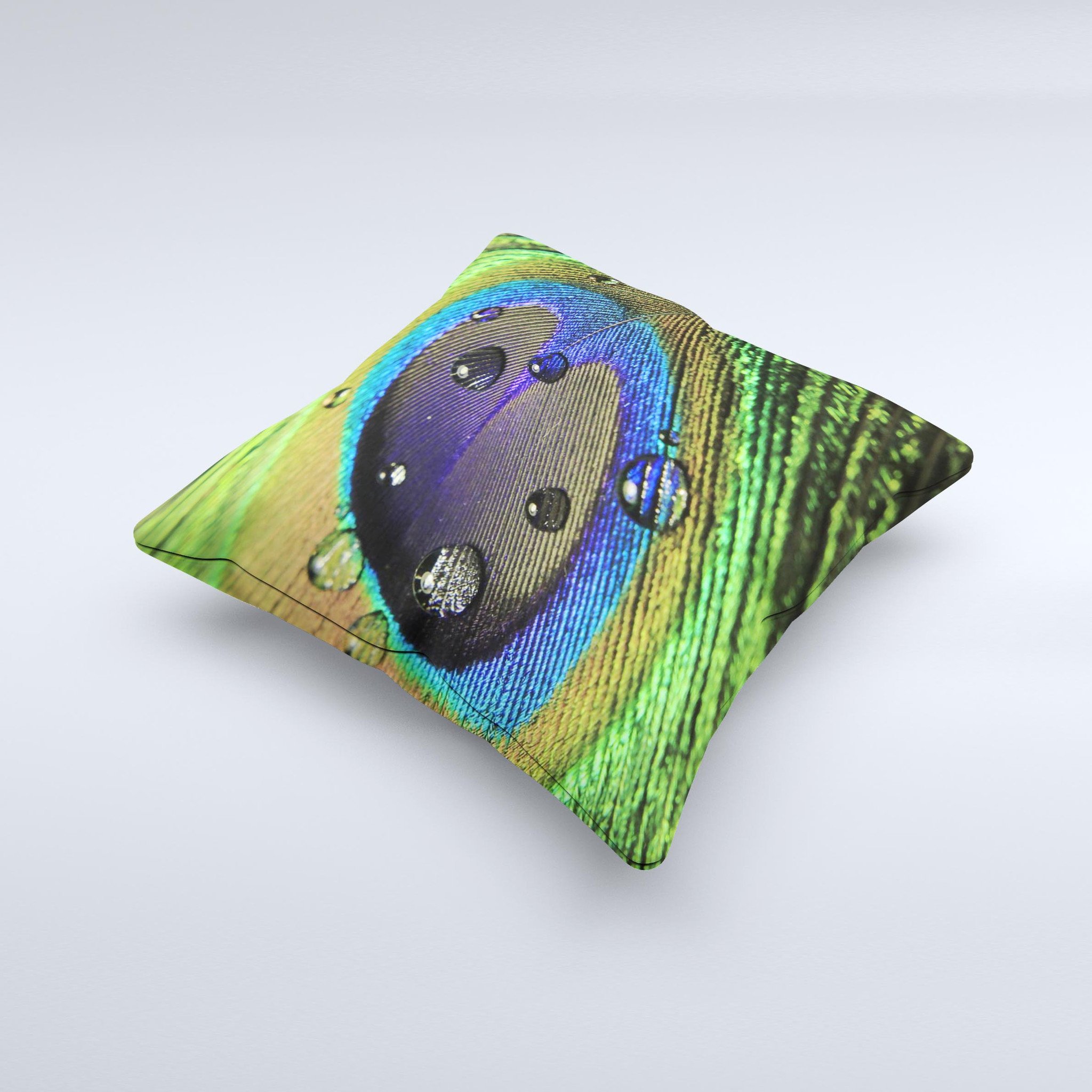 A vibrant Watered Neon Peacock Feather Ink-Fuzed Decorative Throw Pillow showcasing a colorful peacock feather design on a soft fabric.