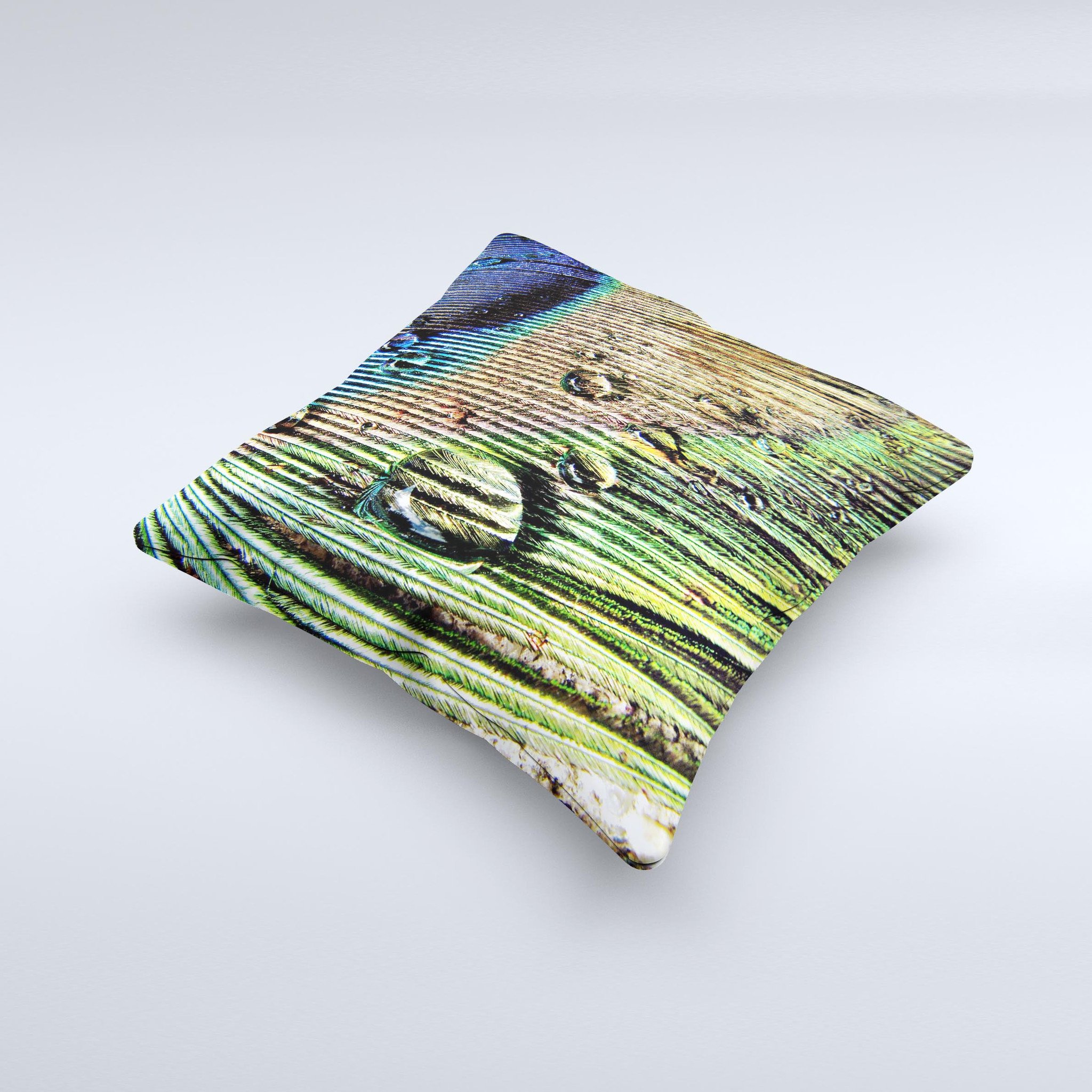 A beautifully handcrafted Watered Peacock Detail Ink-Fuzed Decorative Throw Pillow featuring vibrant colors and intricate peacock design, perfect for home decor.