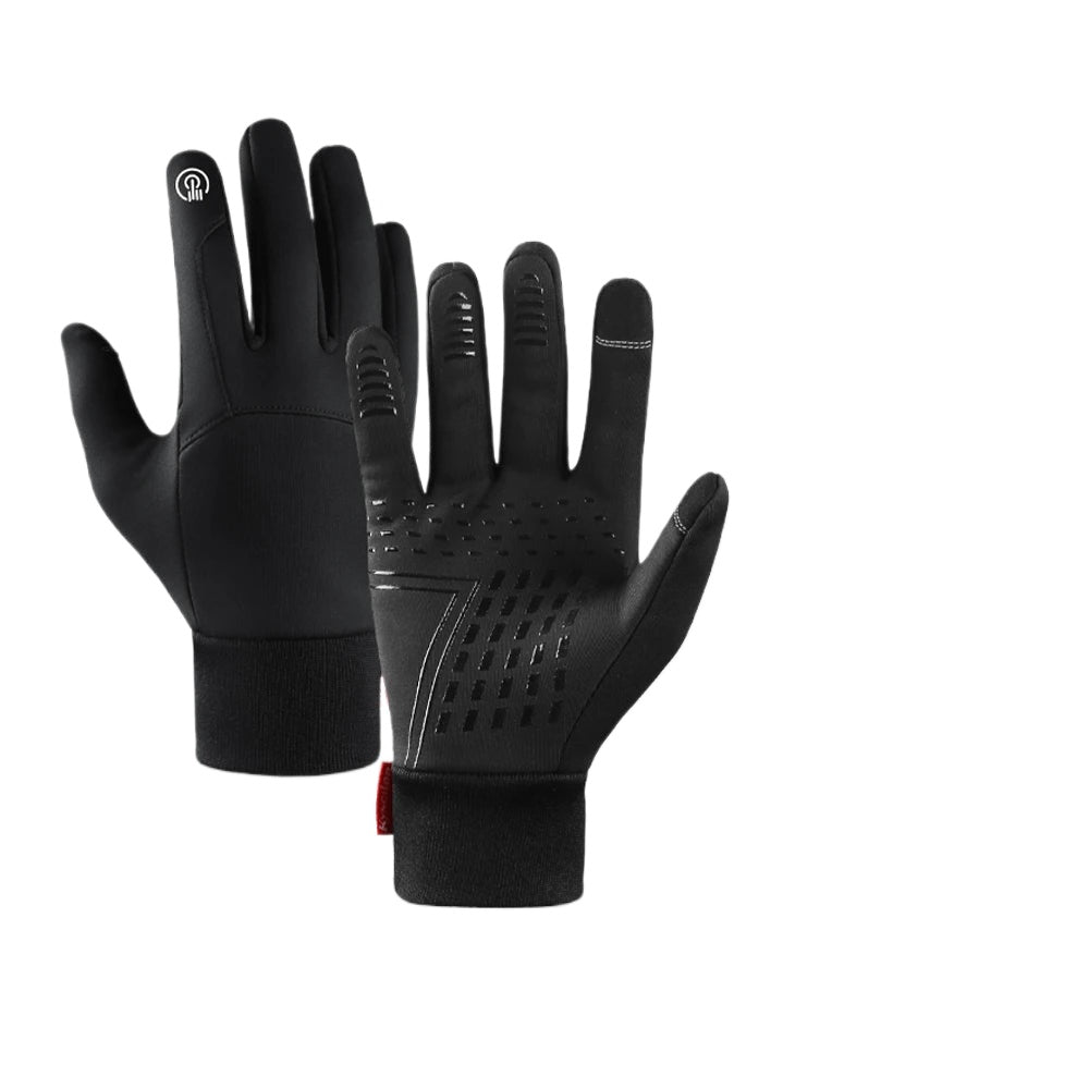 A pair of waterproof cycling gloves designed for winter use, featuring touch screen compatibility and a non-slip palm for enhanced grip.
