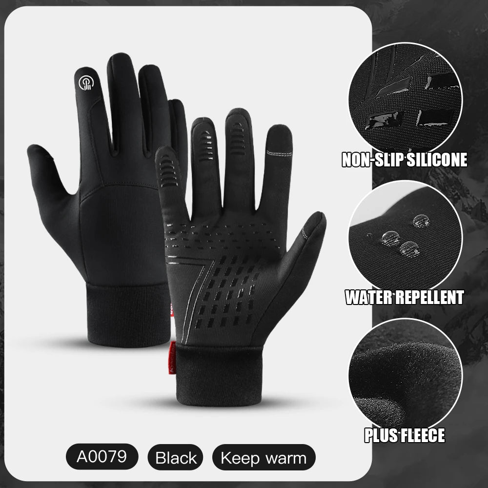 A pair of waterproof cycling gloves designed for winter use, featuring touch screen compatibility and a non-slip palm for enhanced grip.