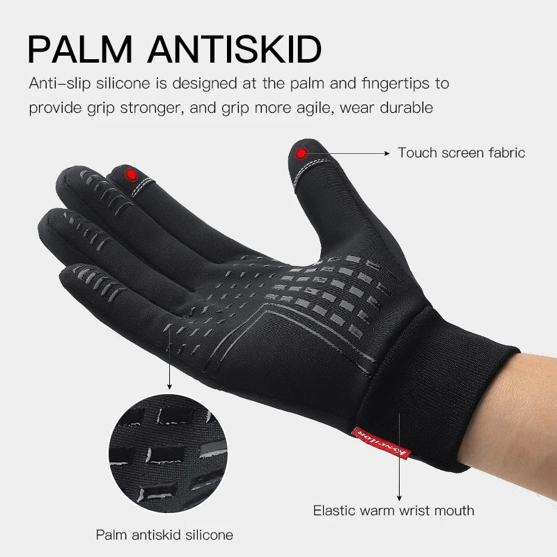 A pair of waterproof cycling gloves designed for winter use, featuring touch screen compatibility and a non-slip palm for enhanced grip.