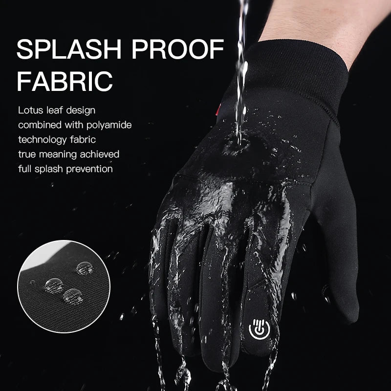 A pair of waterproof cycling gloves designed for winter use, featuring touch screen compatibility and a non-slip palm for enhanced grip.