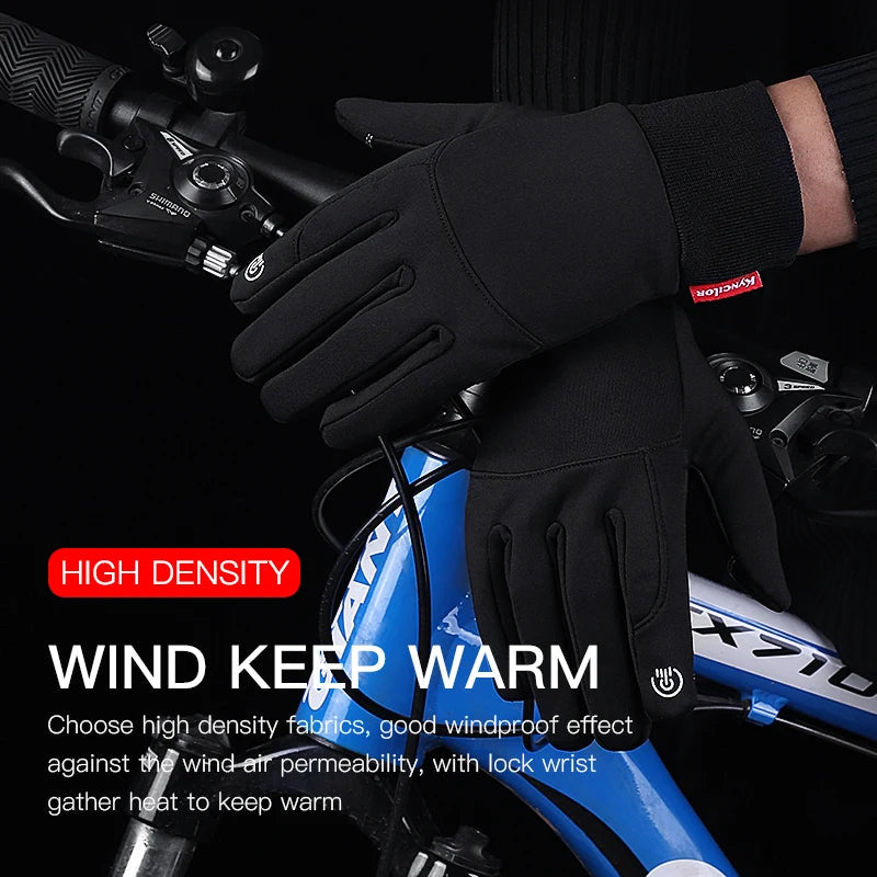 A pair of waterproof cycling gloves designed for winter use, featuring touch screen compatibility and a non-slip palm for enhanced grip.