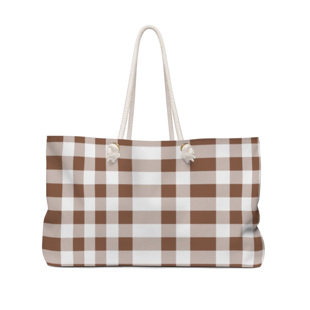 Brown and white plaid Weekender Tote Bag with thick rope handles, spacious design for beach or casual outings.