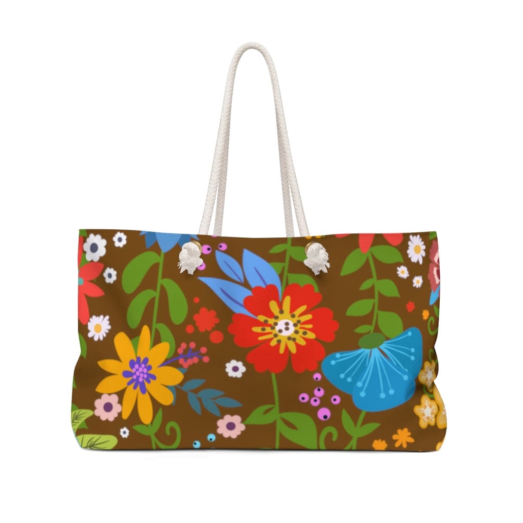 Floral print weekender tote bag with thick rope handles, spacious design, and durable material, perfect for beach trips and casual outings.