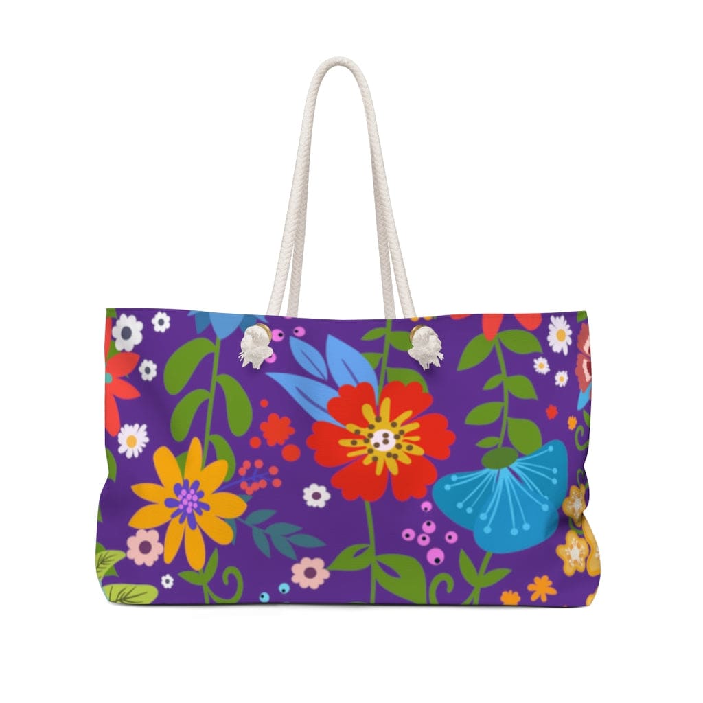 Purple floral print Weekender Tote Bag with thick rope handles, spacious design, and durable fabric, perfect for beach trips and casual outings.