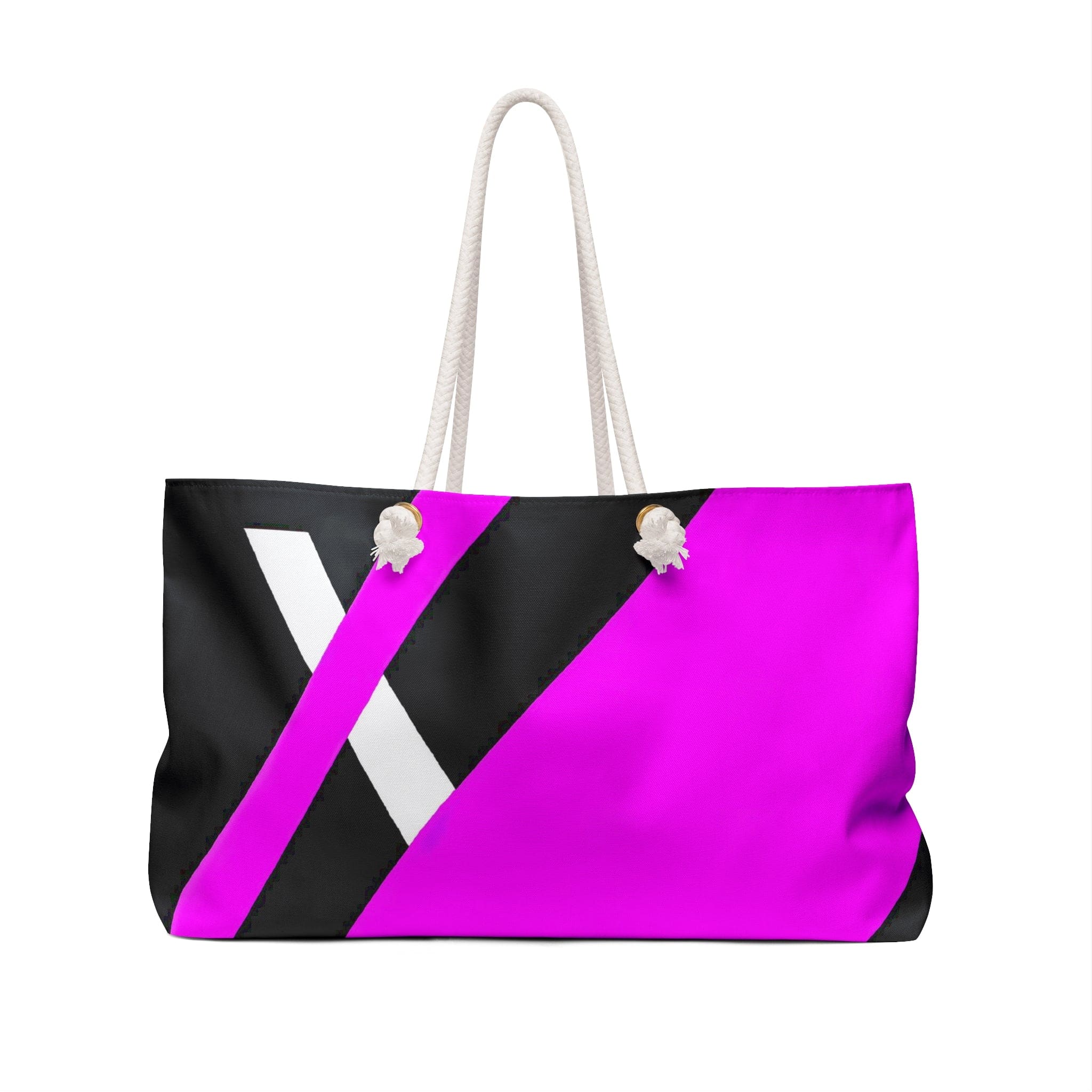 Stylish Weekender Tote Bag in black and pink pattern, featuring thick rope handles and spacious interior.