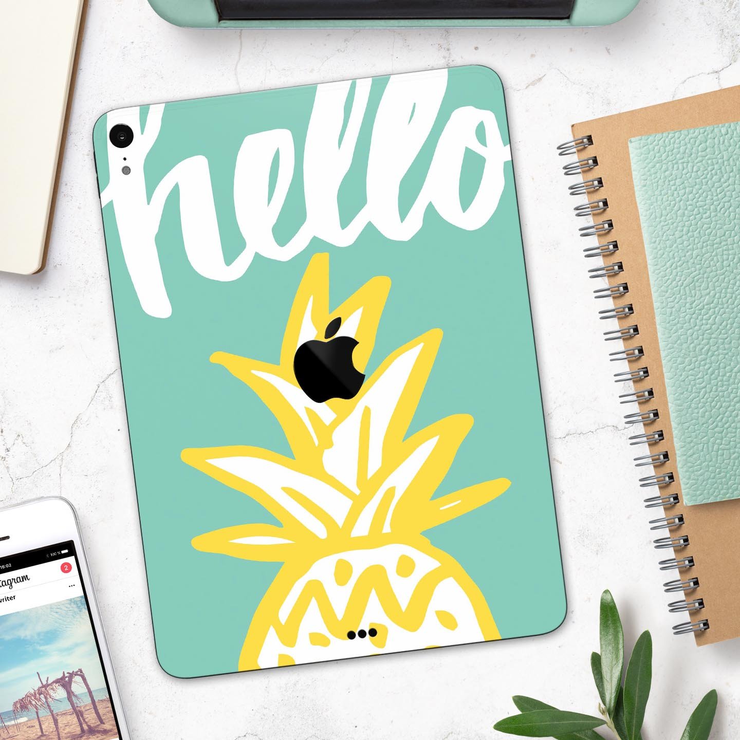 Well Hello Pineapple full body skin decal for Apple iPad Pro, featuring a vibrant pineapple design on a protective layer.