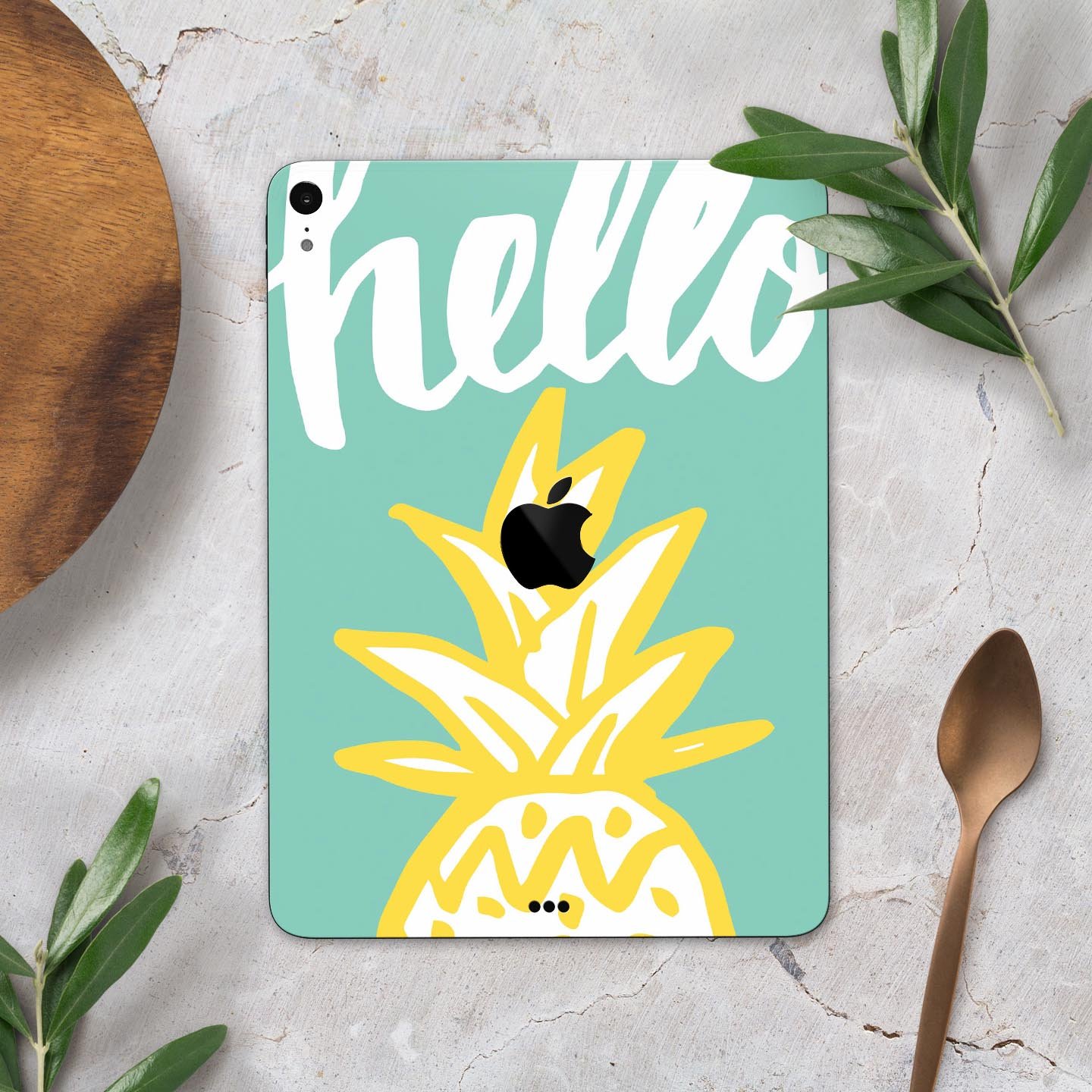 Well Hello Pineapple full body skin decal for Apple iPad Pro, featuring a vibrant pineapple design on a protective layer.