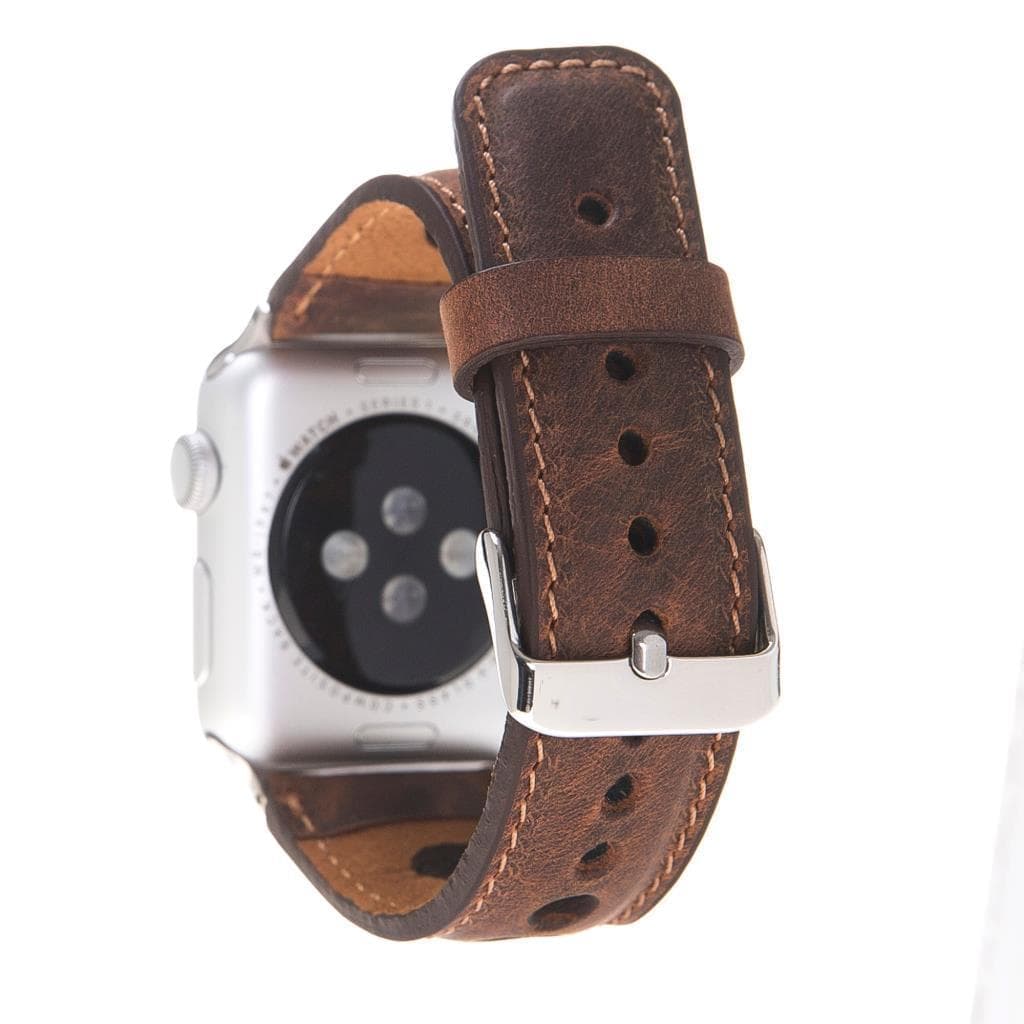 Wells Apple Watch Leather Strap in premium full-grain leather with stainless steel buckle, showcasing its elegant design and craftsmanship.