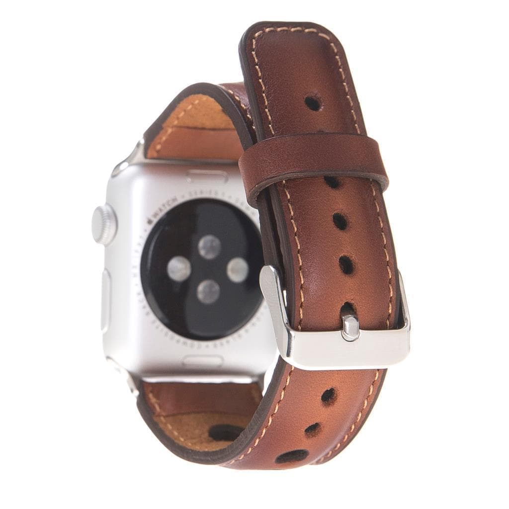 Wells Apple Watch Leather Strap in premium full-grain leather with stainless steel buckle, showcasing its elegant design and craftsmanship.