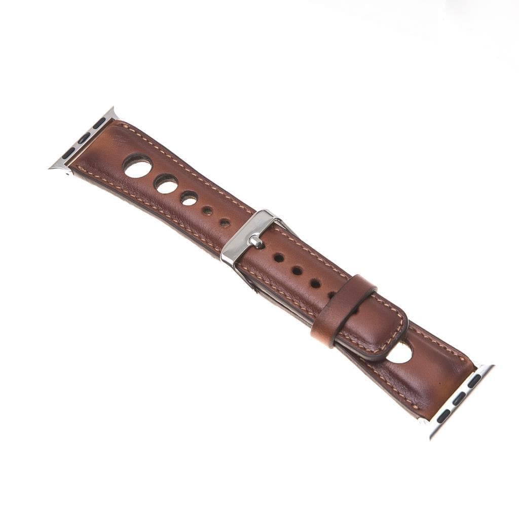 Wells Apple Watch Leather Strap in premium full-grain leather with stainless steel buckle, showcasing its elegant design and craftsmanship.