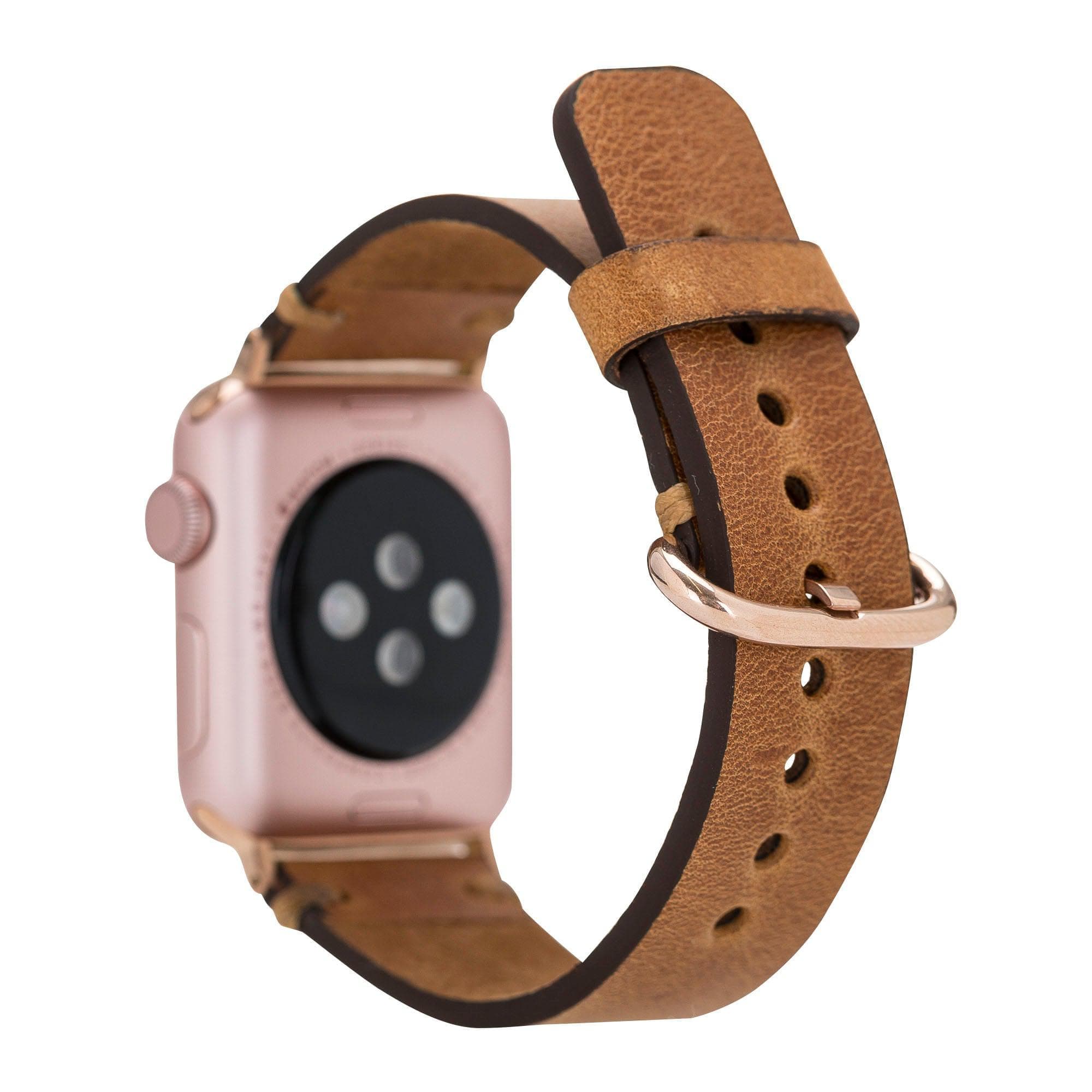 Wells Apple Watch Leather Strap in premium full-grain leather with stainless steel buckle, showcasing its elegant design and craftsmanship.