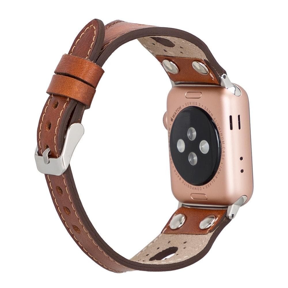 Wells Apple Watch Leather Strap in premium full-grain leather with stainless steel buckle, showcasing its elegant design and craftsmanship.
