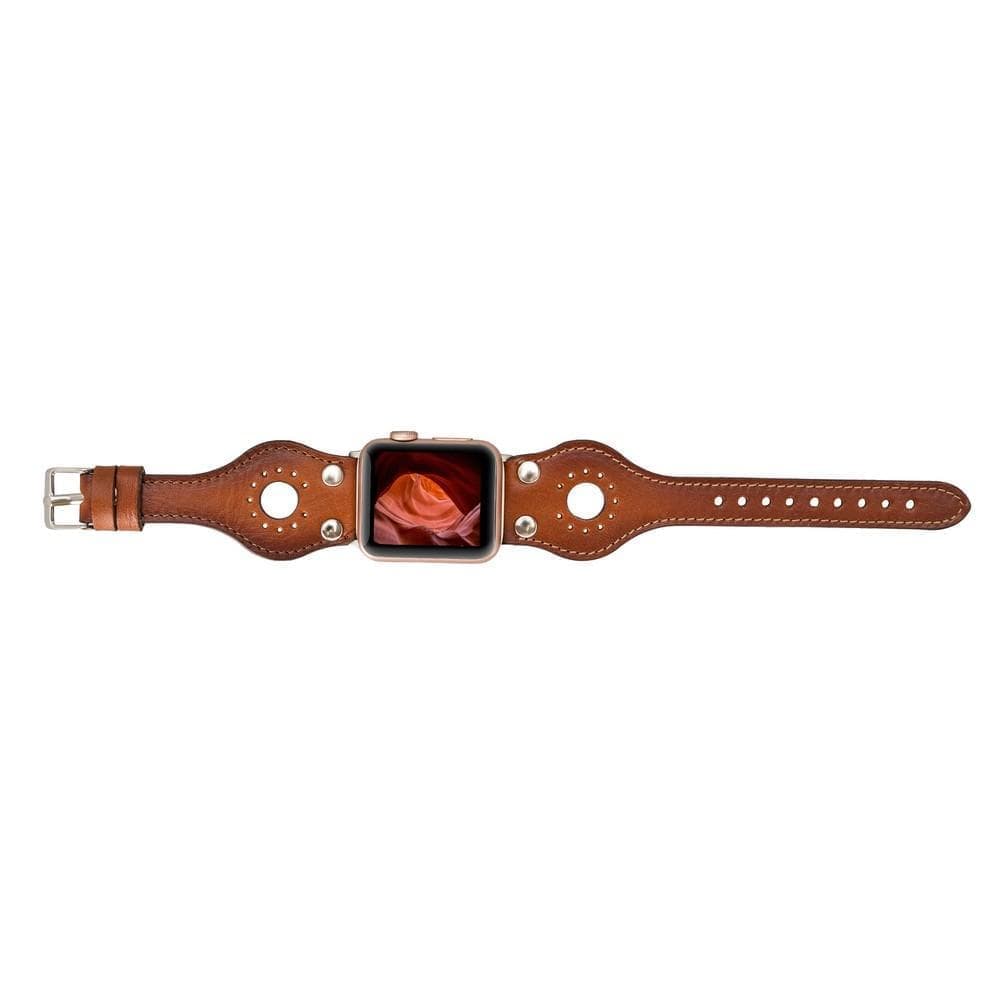 Wells Apple Watch Leather Strap in premium full-grain leather with stainless steel buckle, showcasing its elegant design and craftsmanship.