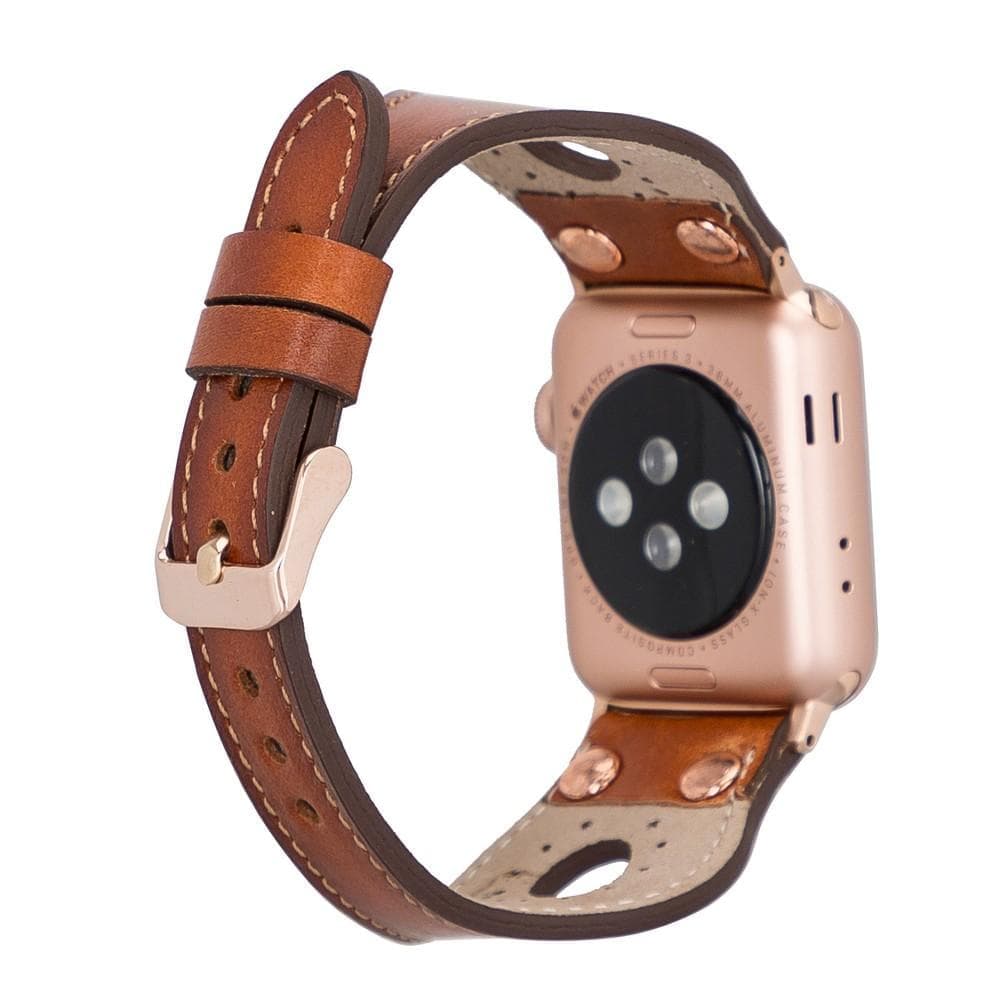 Wells Apple Watch Leather Strap in premium full-grain leather with stainless steel buckle, showcasing its elegant design and craftsmanship.