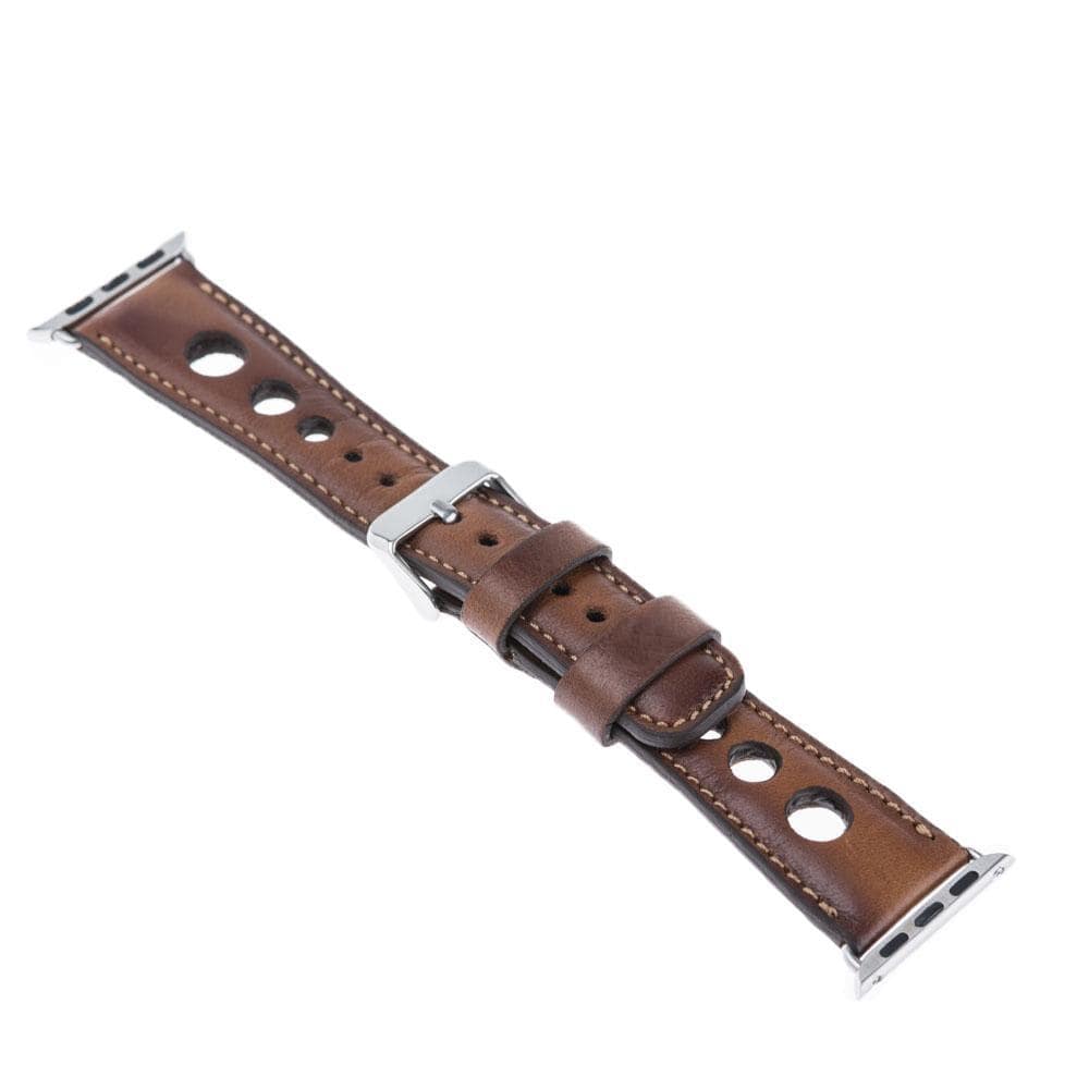 Wells Apple Watch Leather Strap in premium full-grain leather with stainless steel buckle, showcasing its elegant design and craftsmanship.