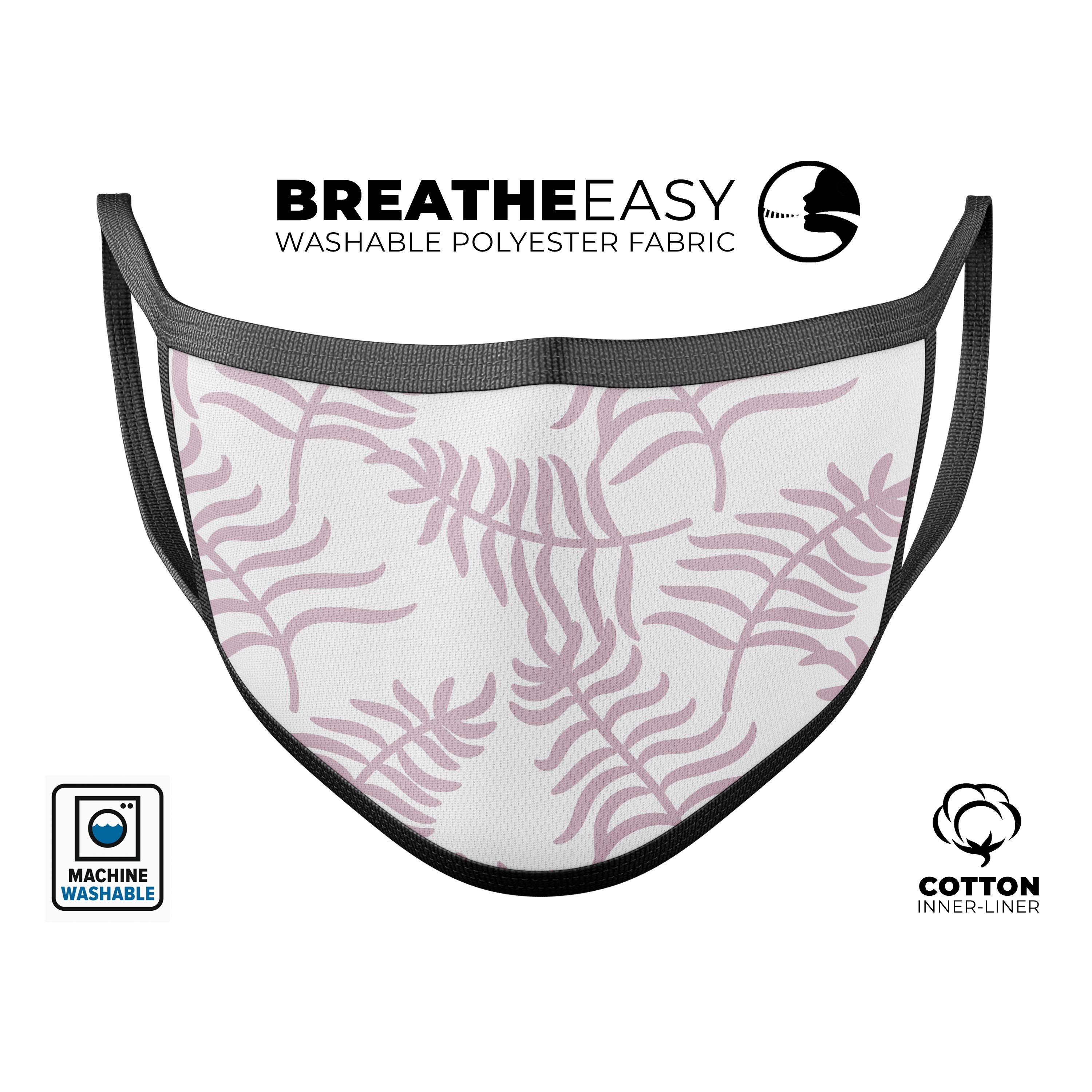 Whispy Leaves of Pink mouth cover, a stylish unisex anti-dust mask made in the USA, featuring vibrant colors and adjustable ear loops.