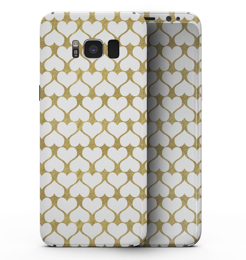 Samsung Galaxy S8 with White and Gold Foil Hearts skin, showcasing a stylish design that enhances the device's appearance.