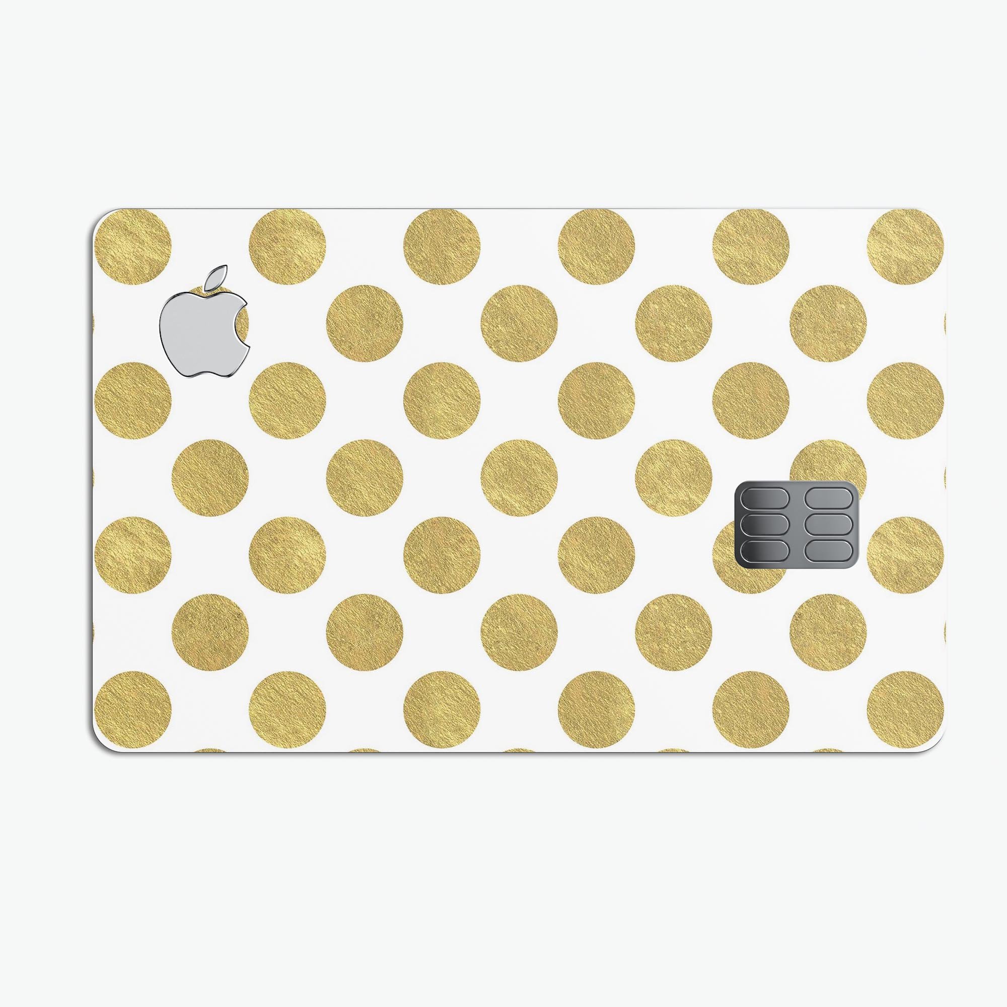 White and Gold Foil Polka skin kit for Apple Card, showcasing premium vinyl design and bubble-free installation features.