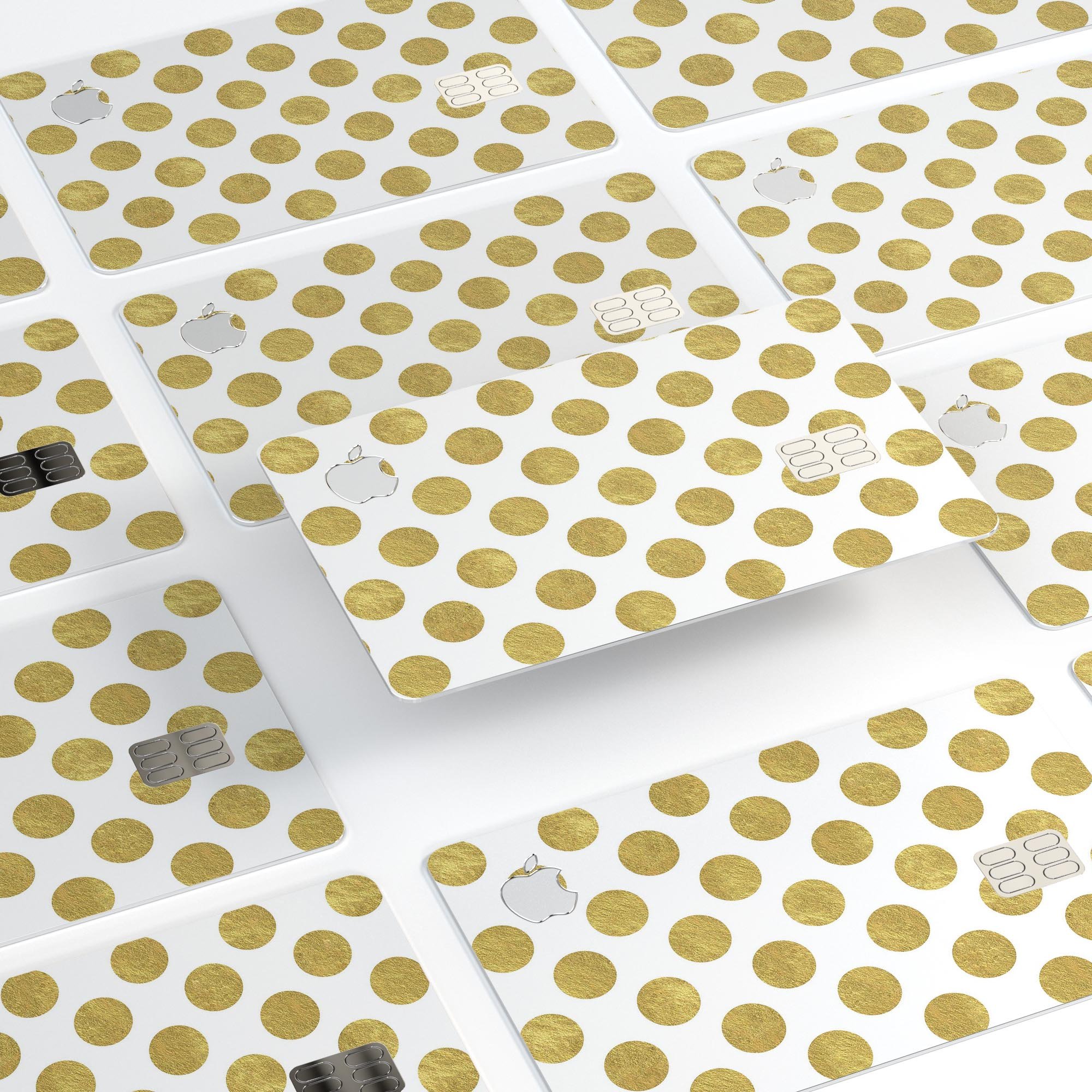 White and Gold Foil Polka skin kit for Apple Card, showcasing premium vinyl design and bubble-free installation features.