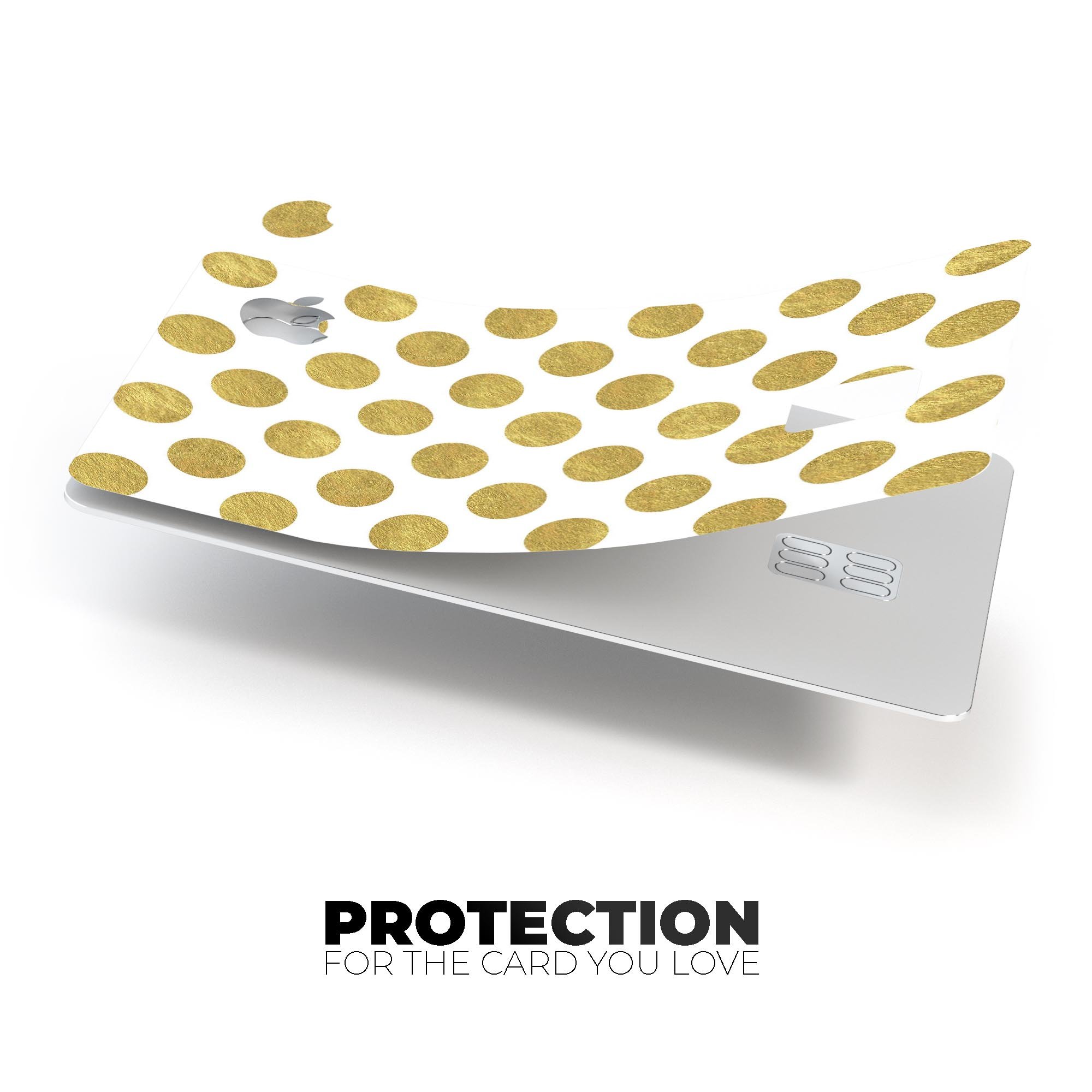White and Gold Foil Polka skin kit for Apple Card, showcasing premium vinyl design and bubble-free installation features.