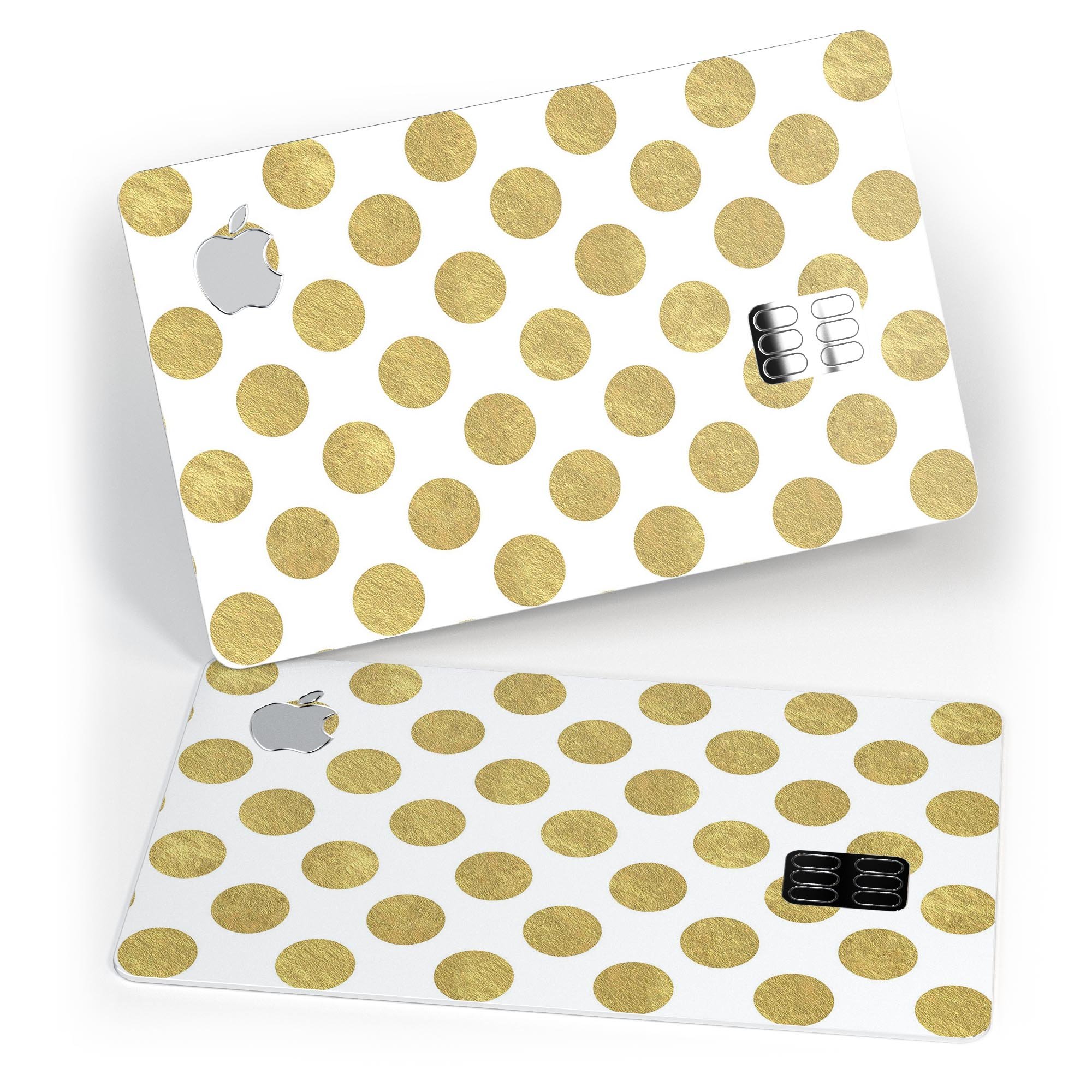 White and Gold Foil Polka skin kit for Apple Card, showcasing premium vinyl design and bubble-free installation features.
