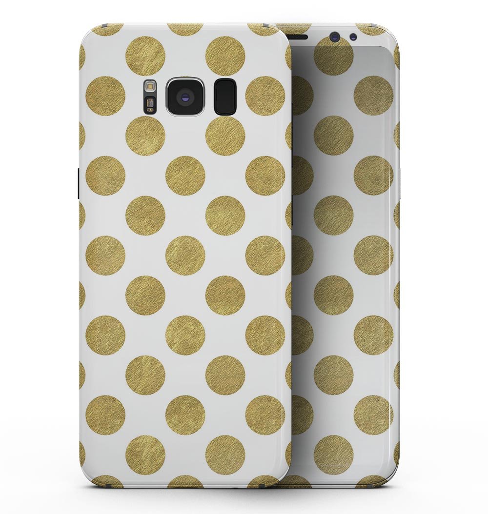 Samsung Galaxy S8 with White and Gold Foil Polka skin, showcasing its stylish design and full-body coverage.