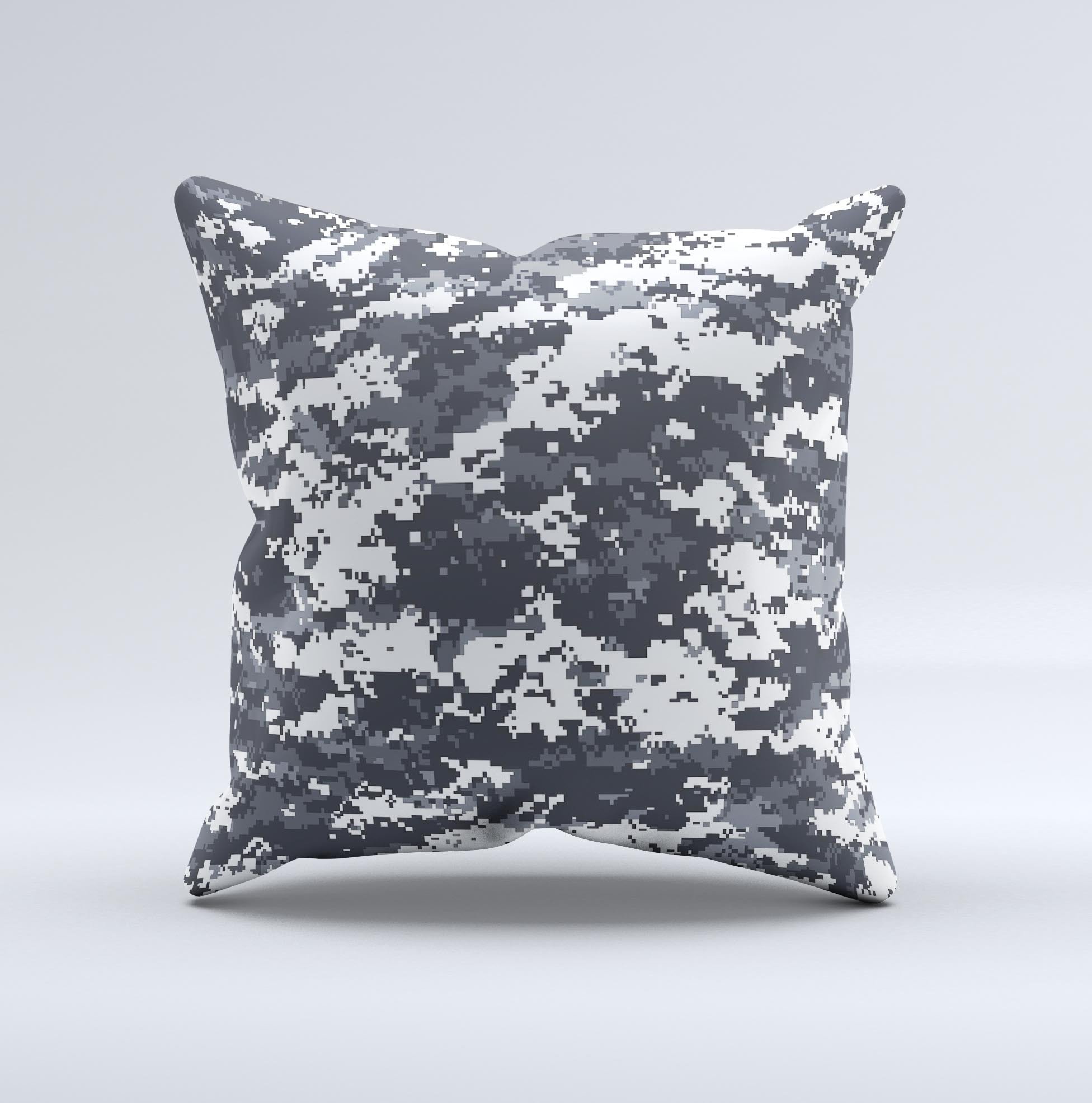 White and gray decorative throw pillow featuring a digital camouflage pattern, handcrafted with high-quality materials in Virginia.