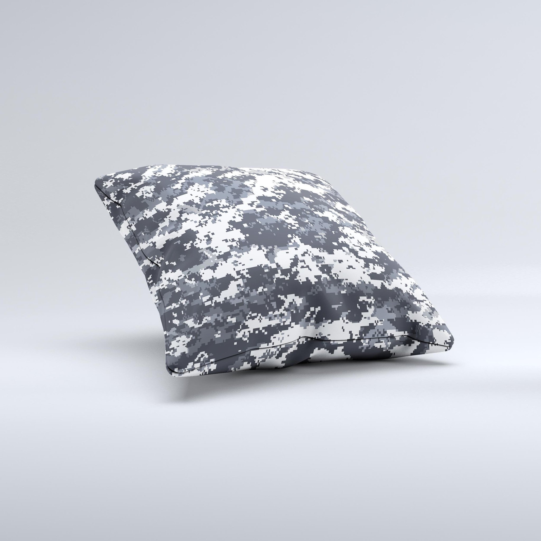 White and gray decorative throw pillow featuring a digital camouflage pattern, handcrafted with high-quality materials in Virginia.