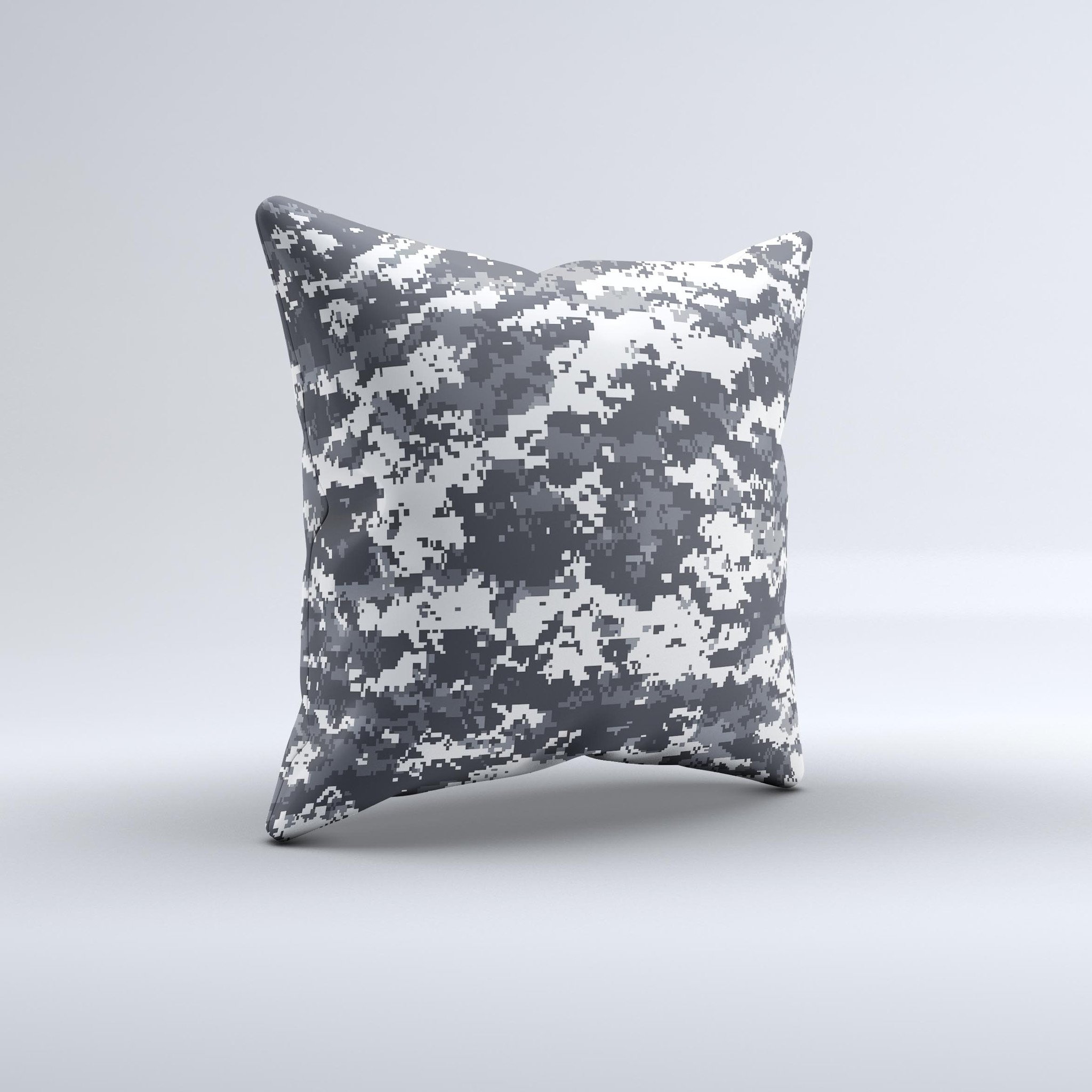 White and gray decorative throw pillow featuring a digital camouflage pattern, handcrafted with high-quality materials in Virginia.