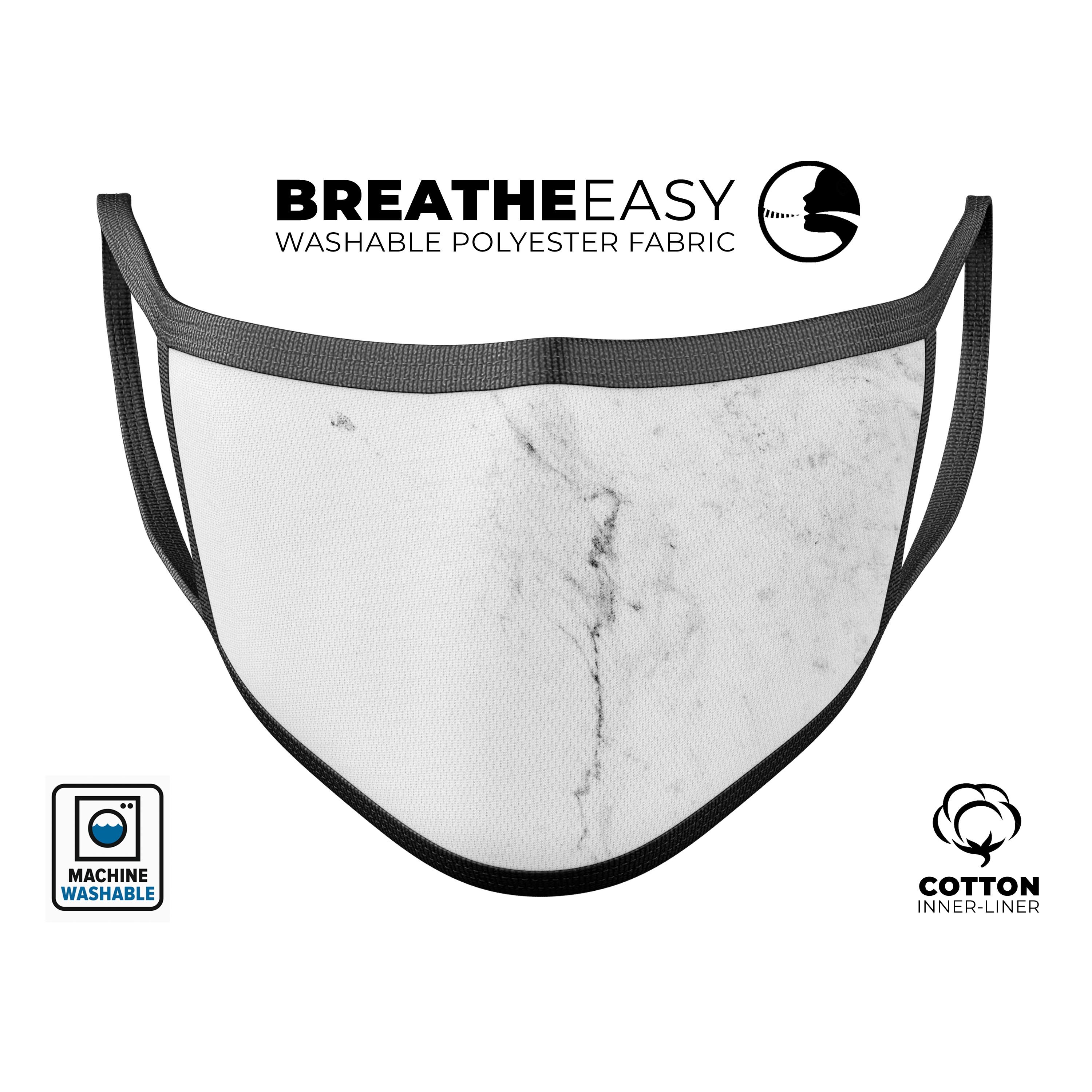 White and Gray Neutral Marble Surface reusable mouth cover, showcasing its stylish design and adjustable ear loops.