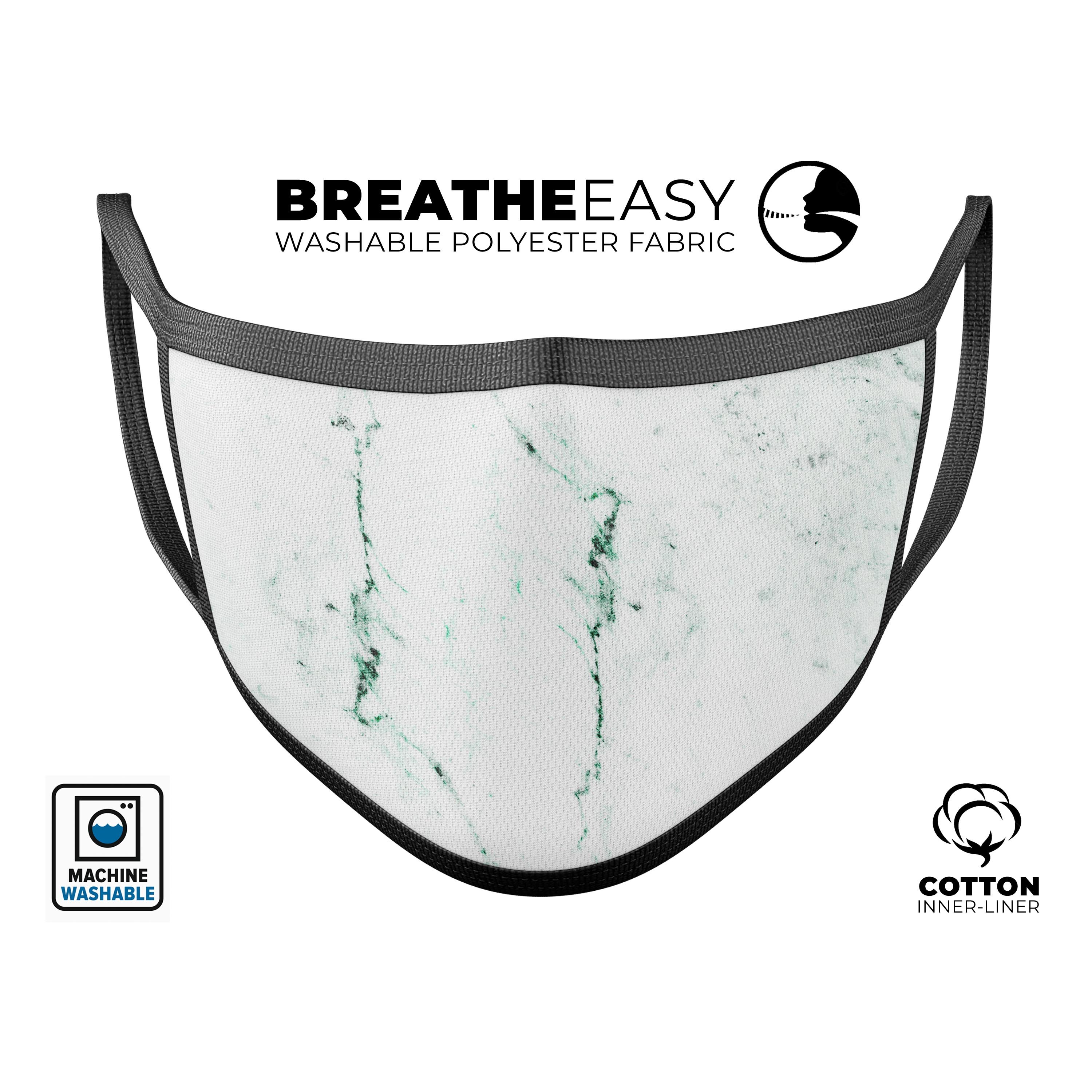 White and Green Marble Surface reusable mouth cover, featuring adjustable ear-loops and a comfortable cotton interior.