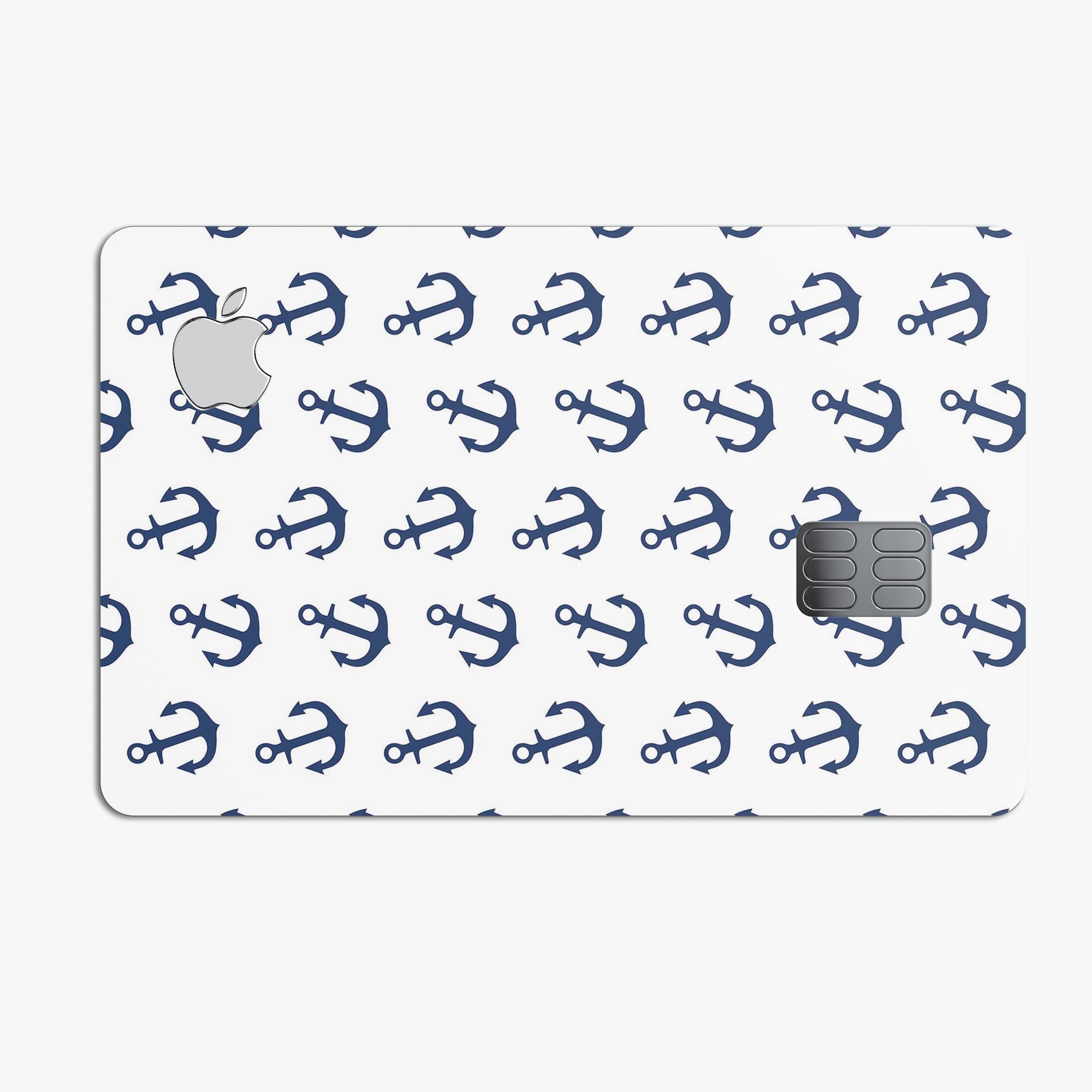 White and Navy Micro Anchors skin kit for Apple Card, showcasing premium vinyl design and bubble-free installation features.