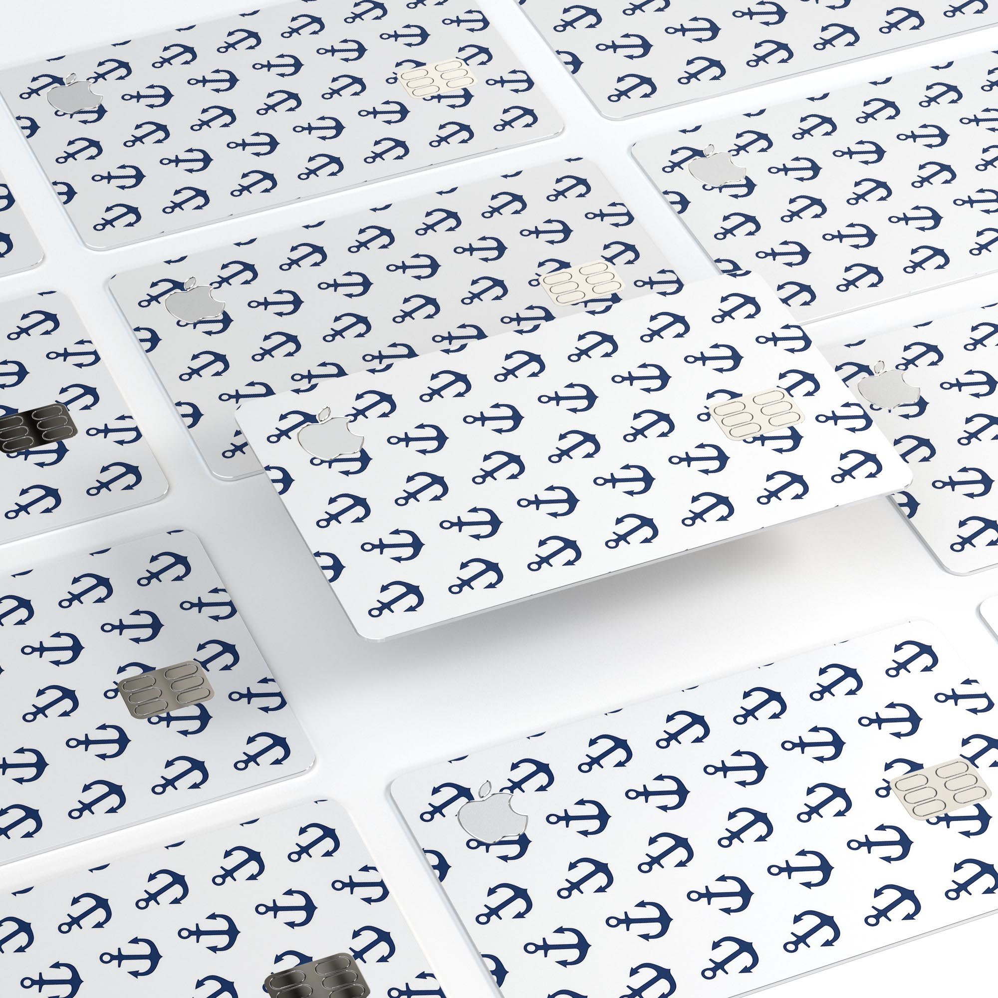White and Navy Micro Anchors skin kit for Apple Card, showcasing premium vinyl design and bubble-free installation features.