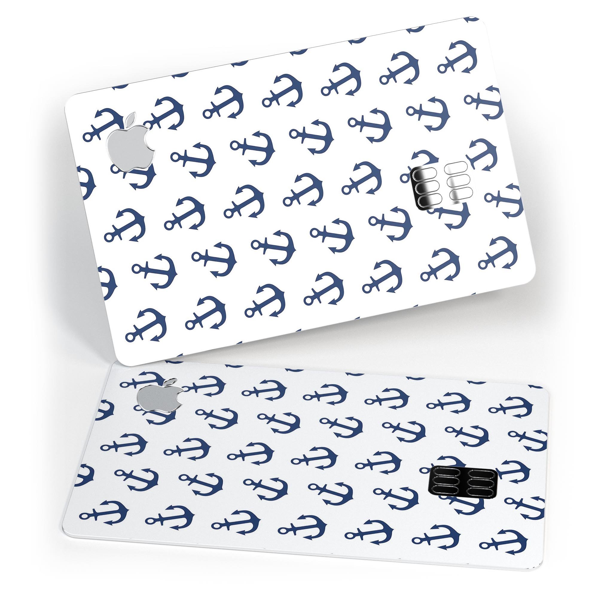 White and Navy Micro Anchors skin kit for Apple Card, showcasing premium vinyl design and bubble-free installation features.