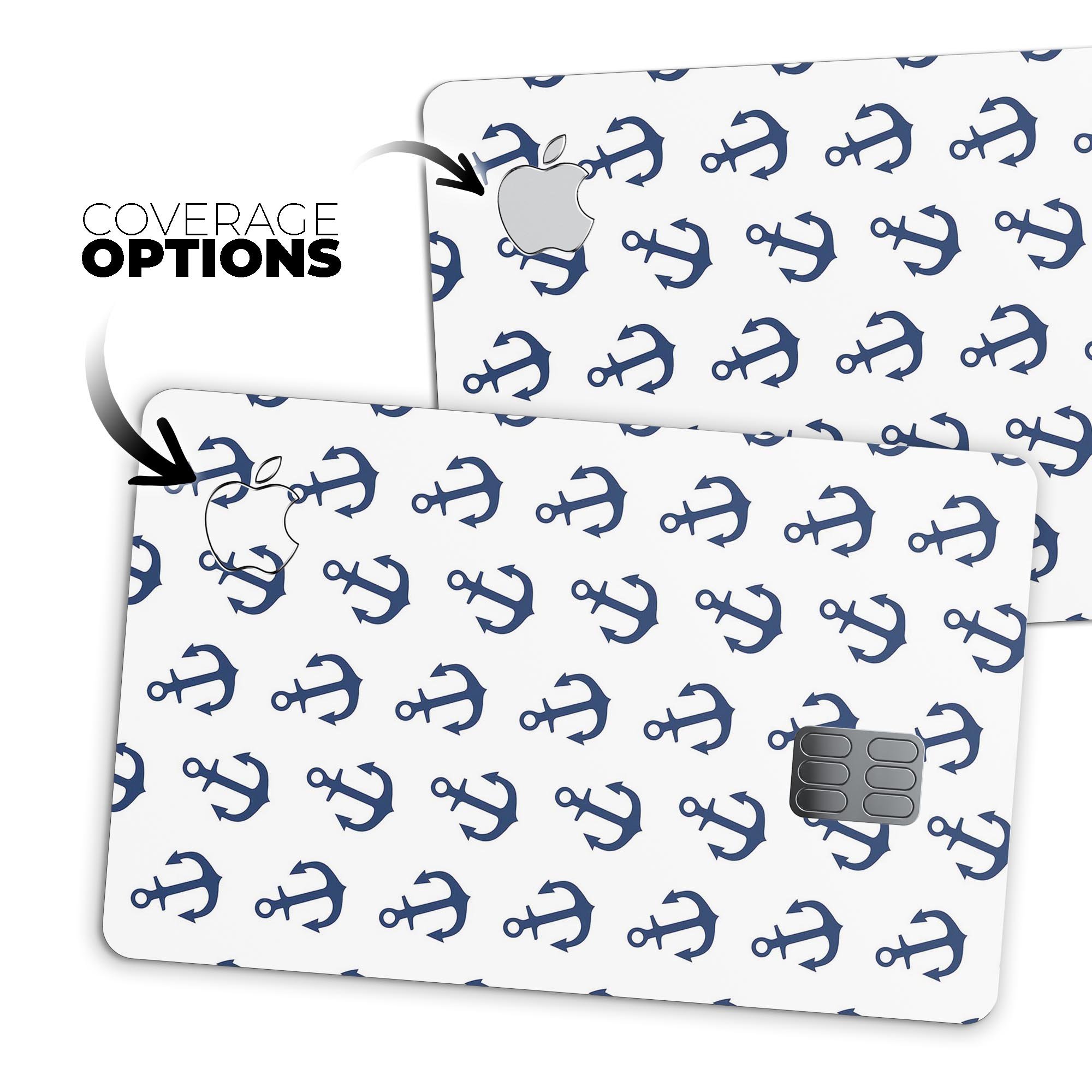 White and Navy Micro Anchors skin kit for Apple Card, showcasing premium vinyl design and bubble-free installation features.
