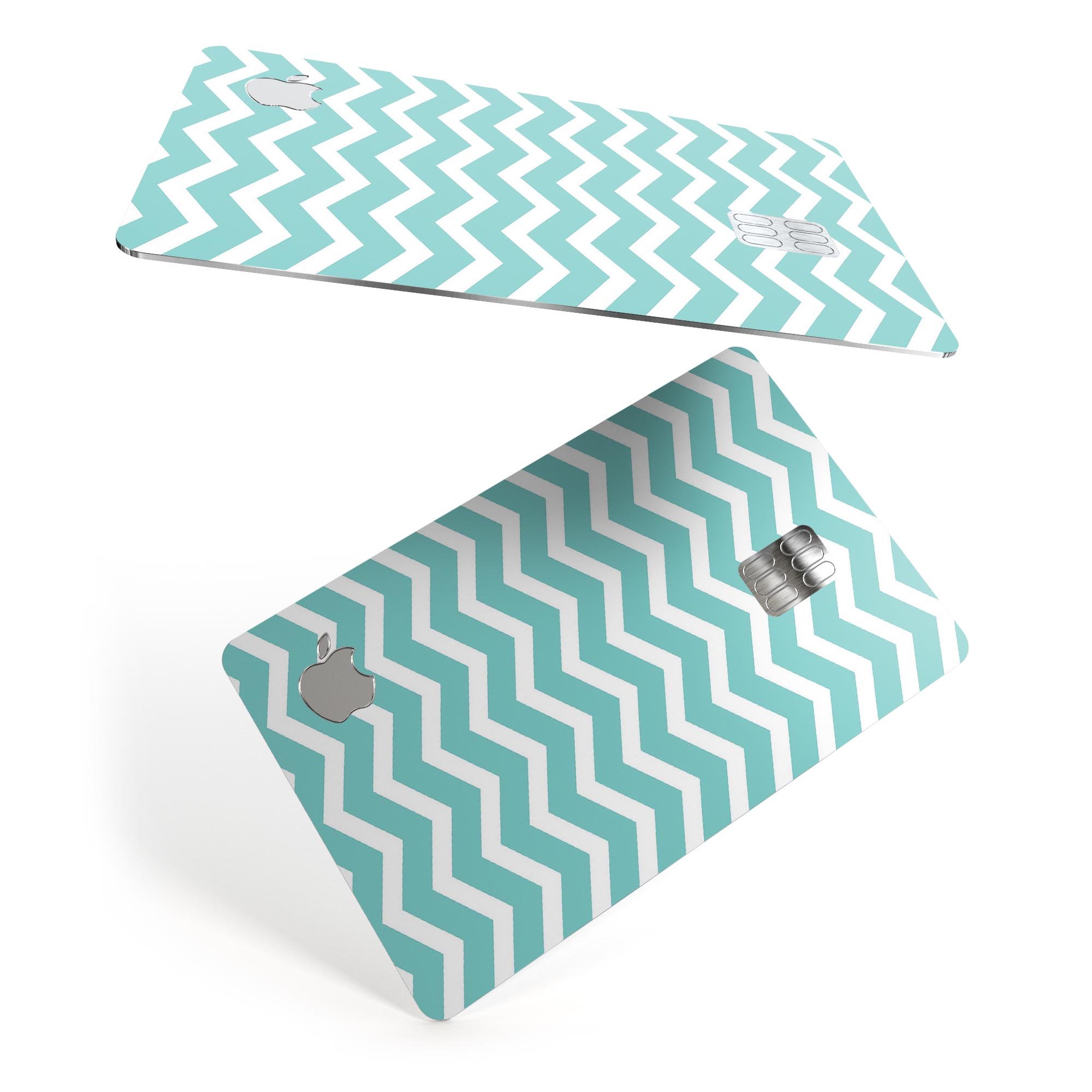 White and teal chevron stripes decal skin for Apple Card, showcasing a stylish design that offers protection.