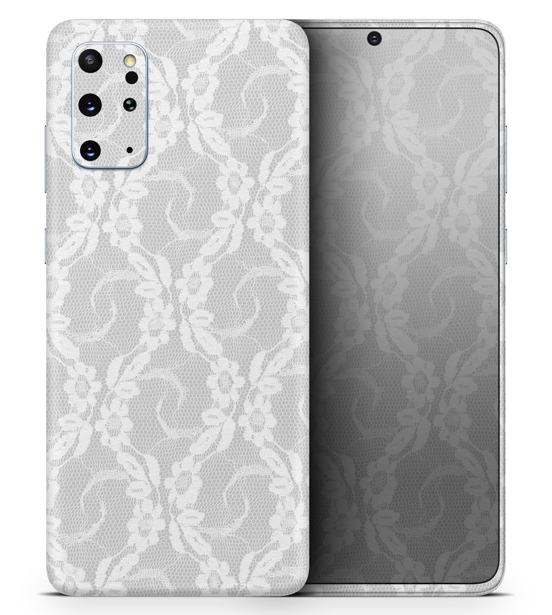 White Floral Lace Skin-Kit for Samsung Galaxy S20, showcasing a stylish floral design on a sleek vinyl surface.