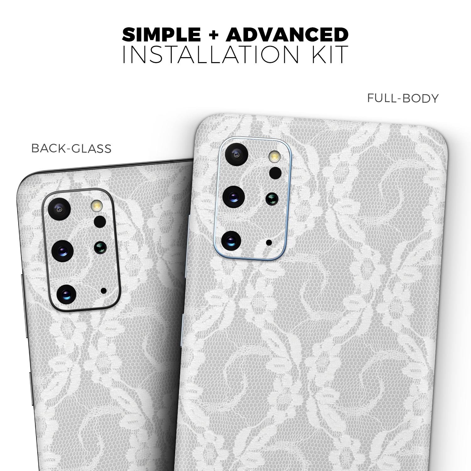 White Floral Lace Skin-Kit for Samsung Galaxy S20, showcasing a stylish floral design on a sleek vinyl surface.
