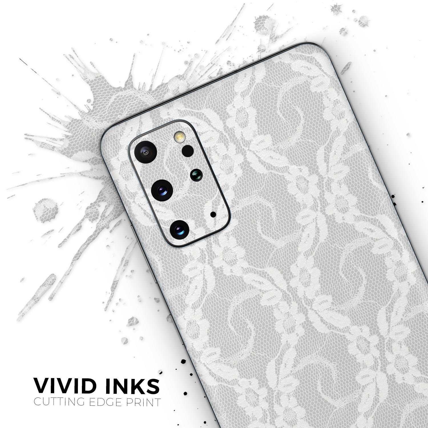White Floral Lace Skin-Kit for Samsung Galaxy S20, showcasing a stylish floral design on a sleek vinyl surface.