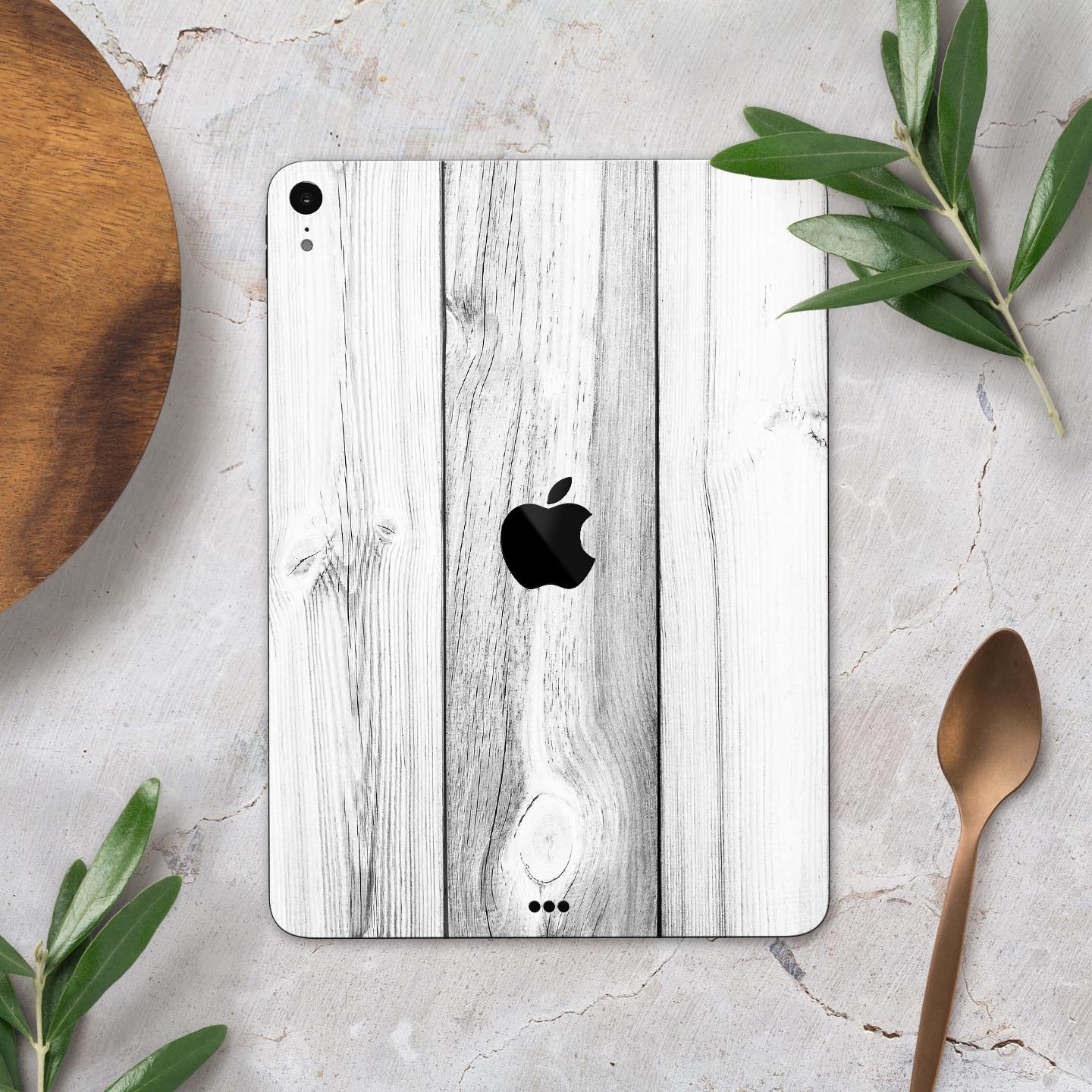 White and gray wood planks skin decal for Apple iPad Pro, showcasing a stylish and protective design.