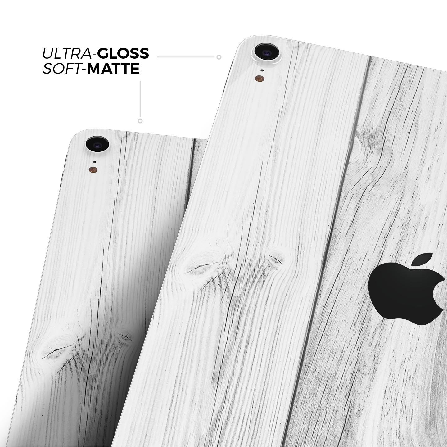 White and gray wood planks skin decal for Apple iPad Pro, showcasing a stylish and protective design.
