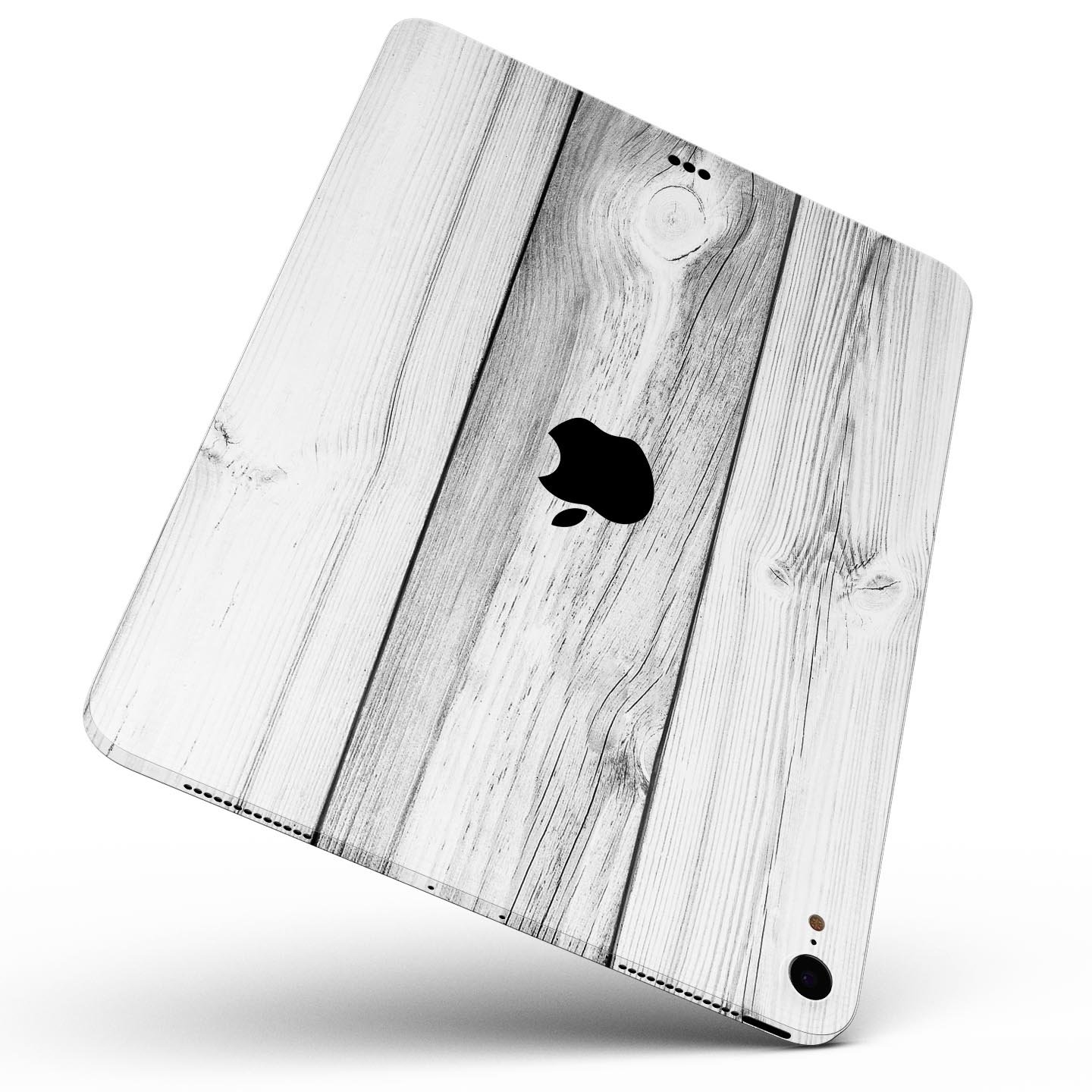 White and gray wood planks skin decal for Apple iPad Pro, showcasing a stylish and protective design.