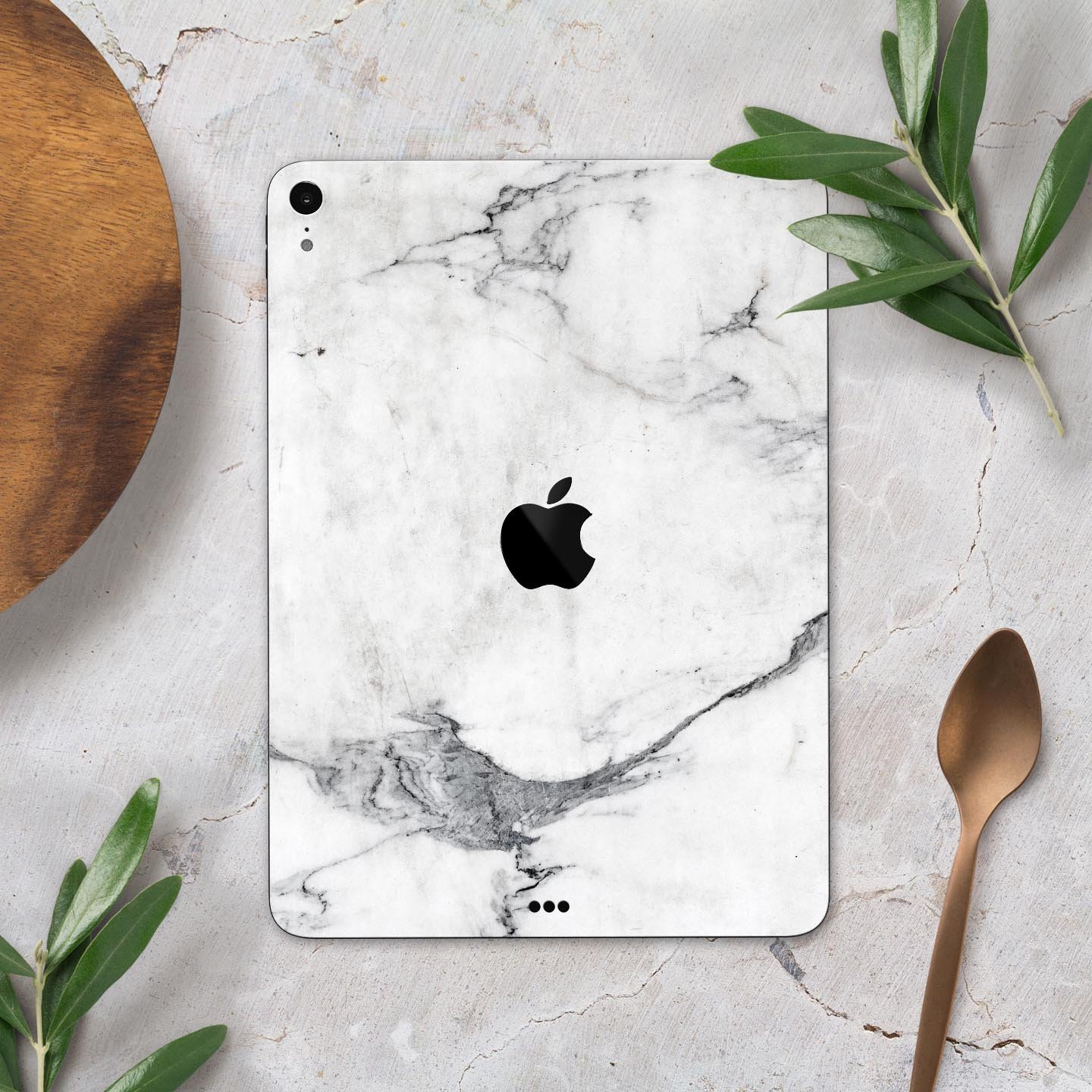White and grey marble skin decal for Apple devices, showcasing a sleek and stylish design with a premium finish.