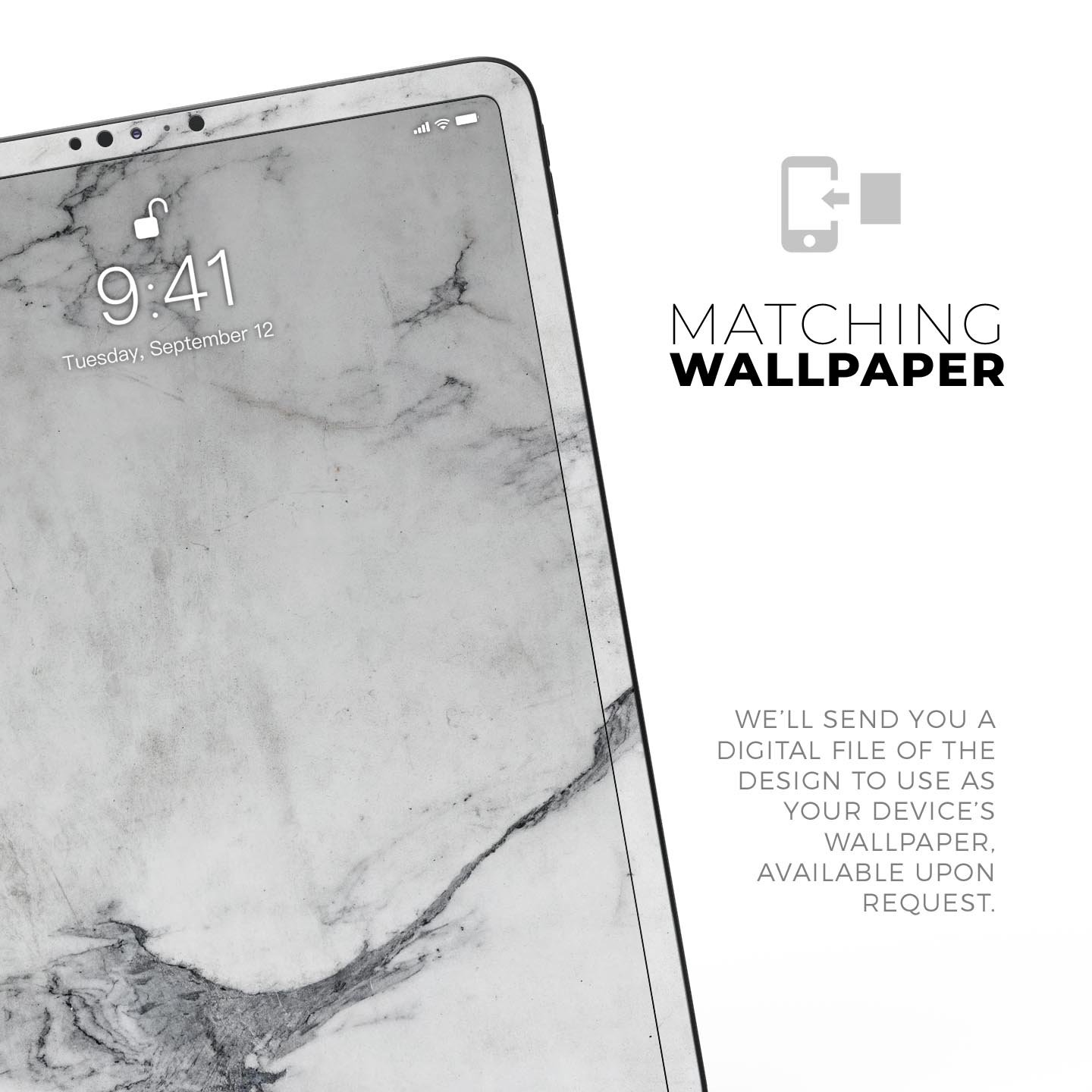 White and grey marble skin decal for Apple devices, showcasing a sleek and stylish design with a premium finish.